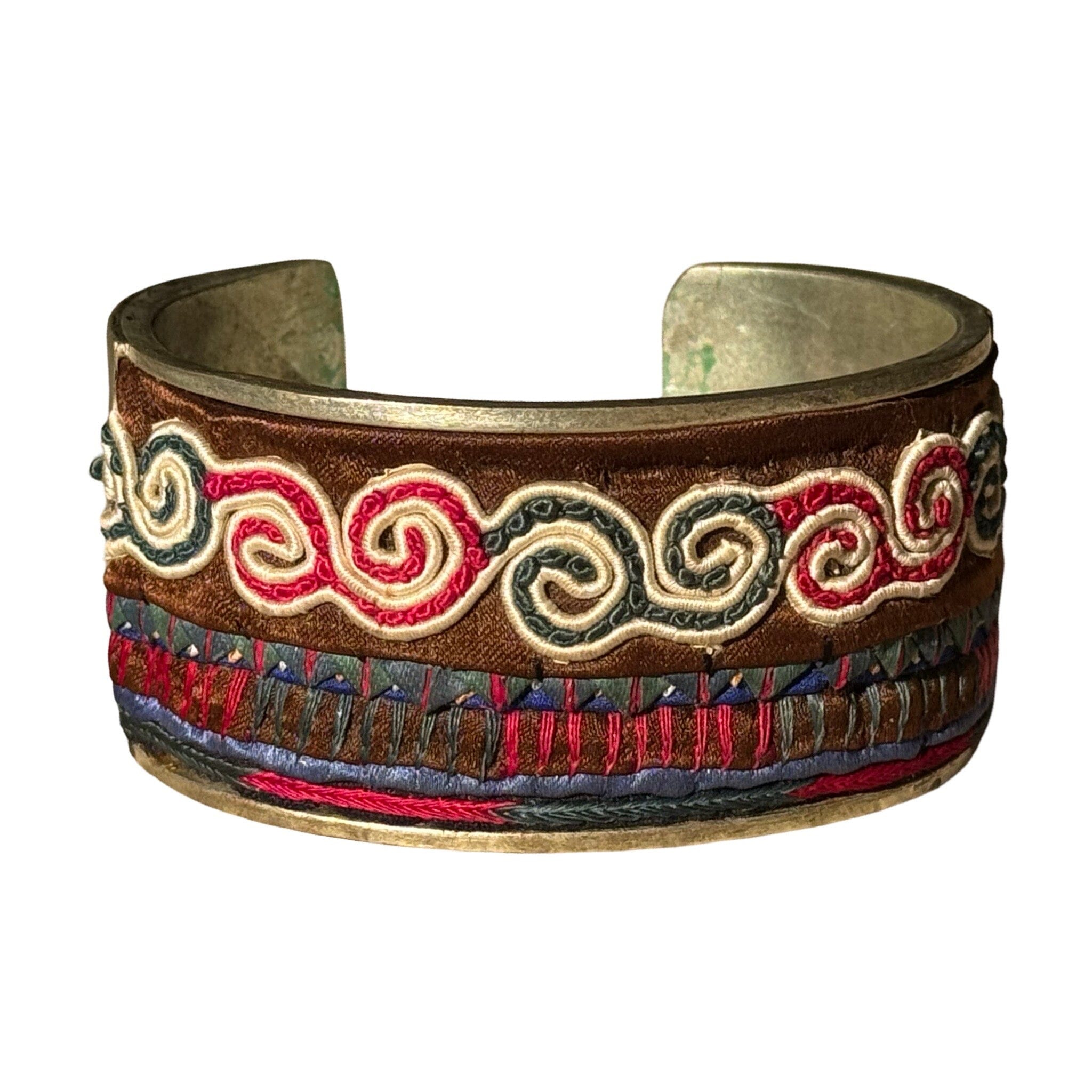 Antique South East Asian Textile Cuff on Silver Cuff ClayCut Laos Cuff B 
