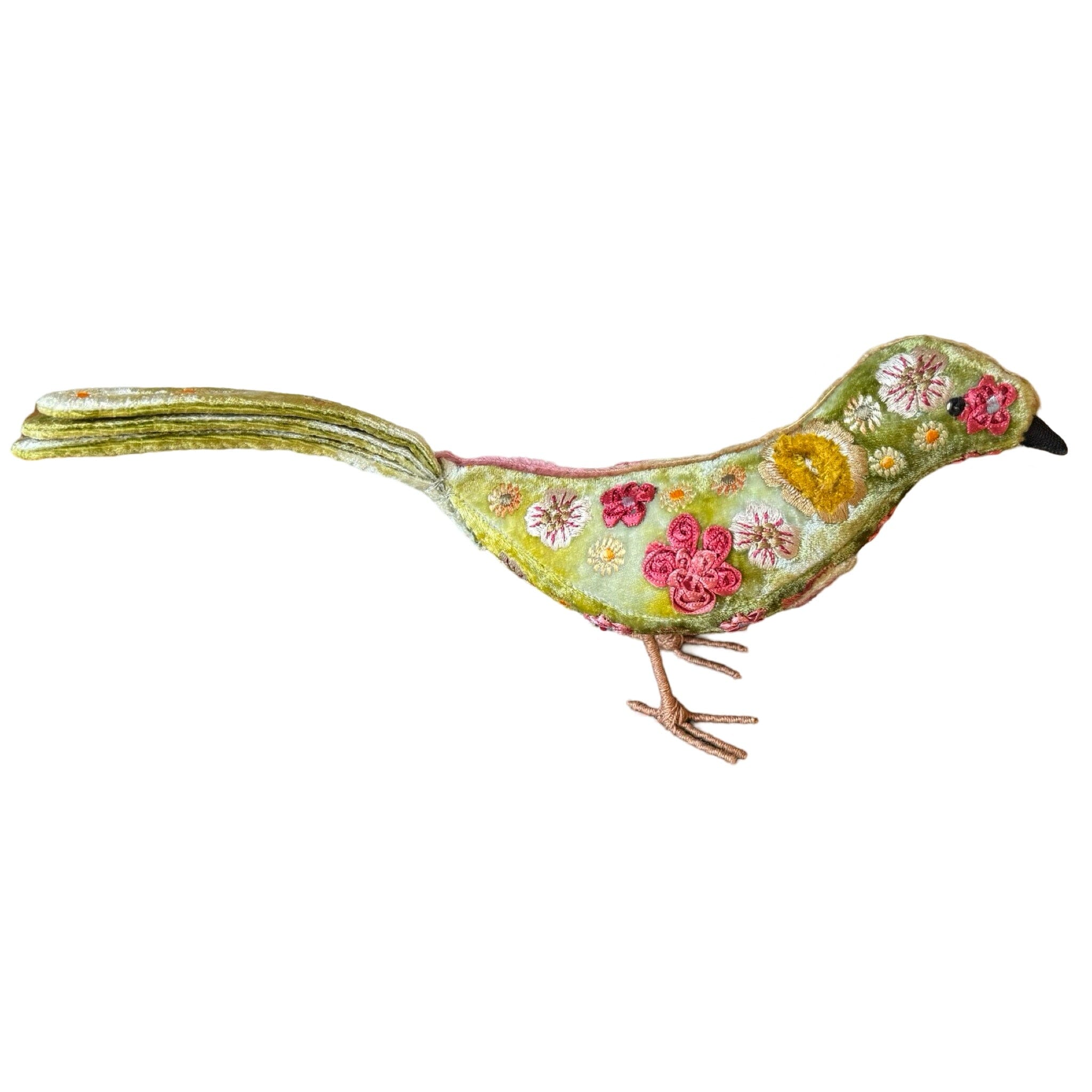 BEAUTY Hand Embroidered Silk Velvet Shaded Mint Standing Bird Objet d'Art Anke Drechsel 