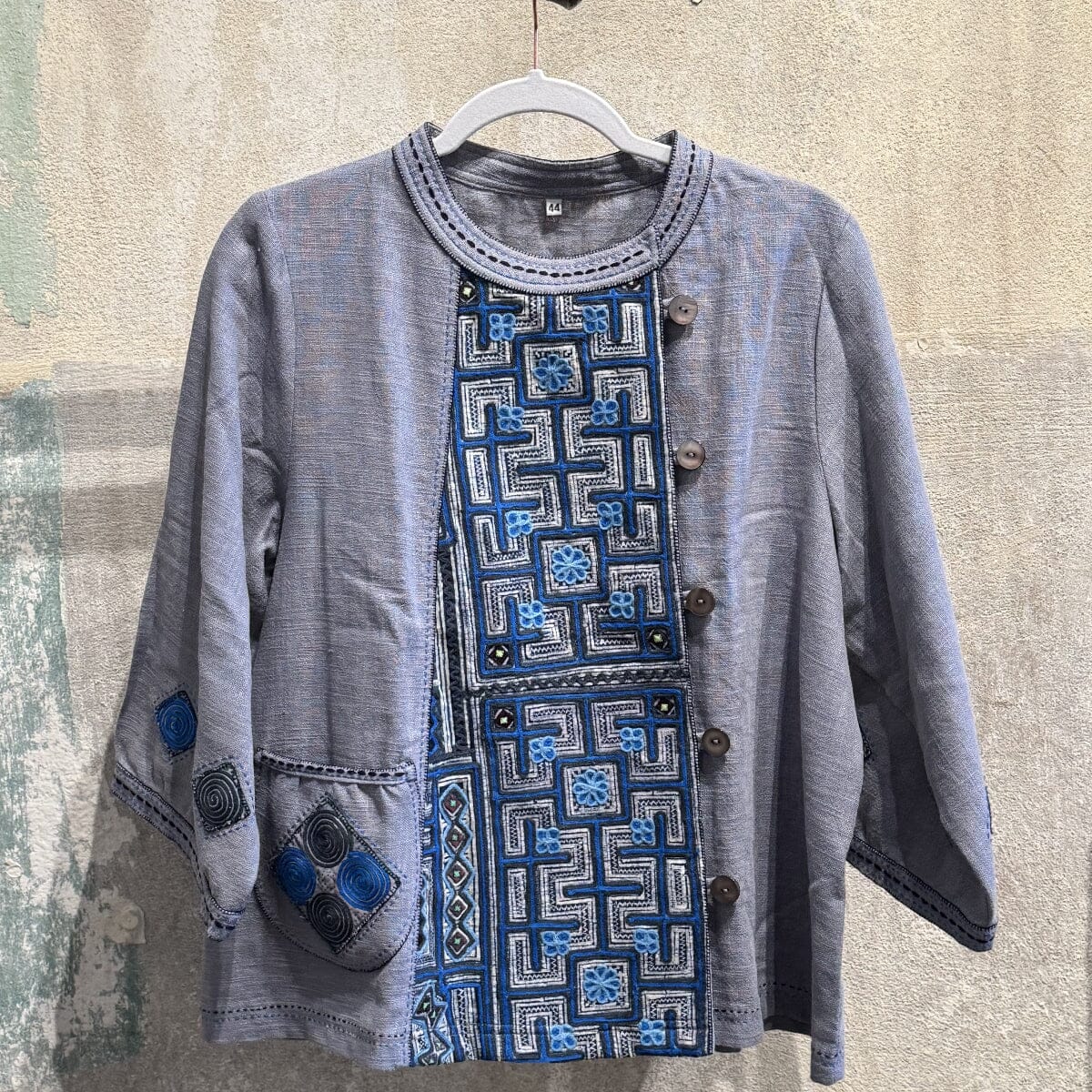 Blue Flax Linen Button Up Tunic with Vintage Hmong Batik and Embroidery Tunic Bangkok 