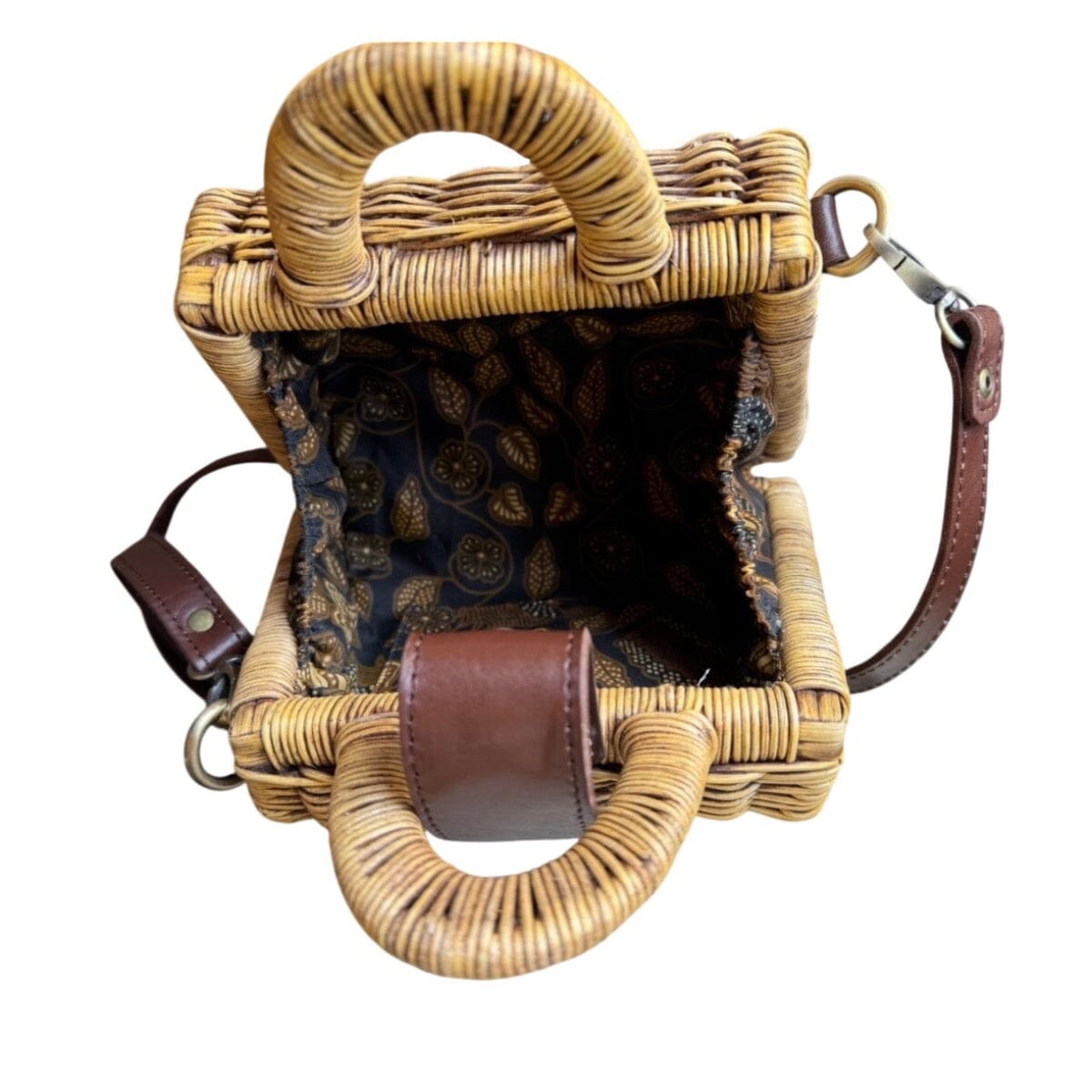 Borneo Petit Rattan Handbag with Brown Leather Strap Crossbody Bag The Winding Road 