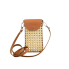 Borneo Rattan Cane Weave Cell Phone Crossbody with Brown Leather Crossbody Bag The Winding Road 