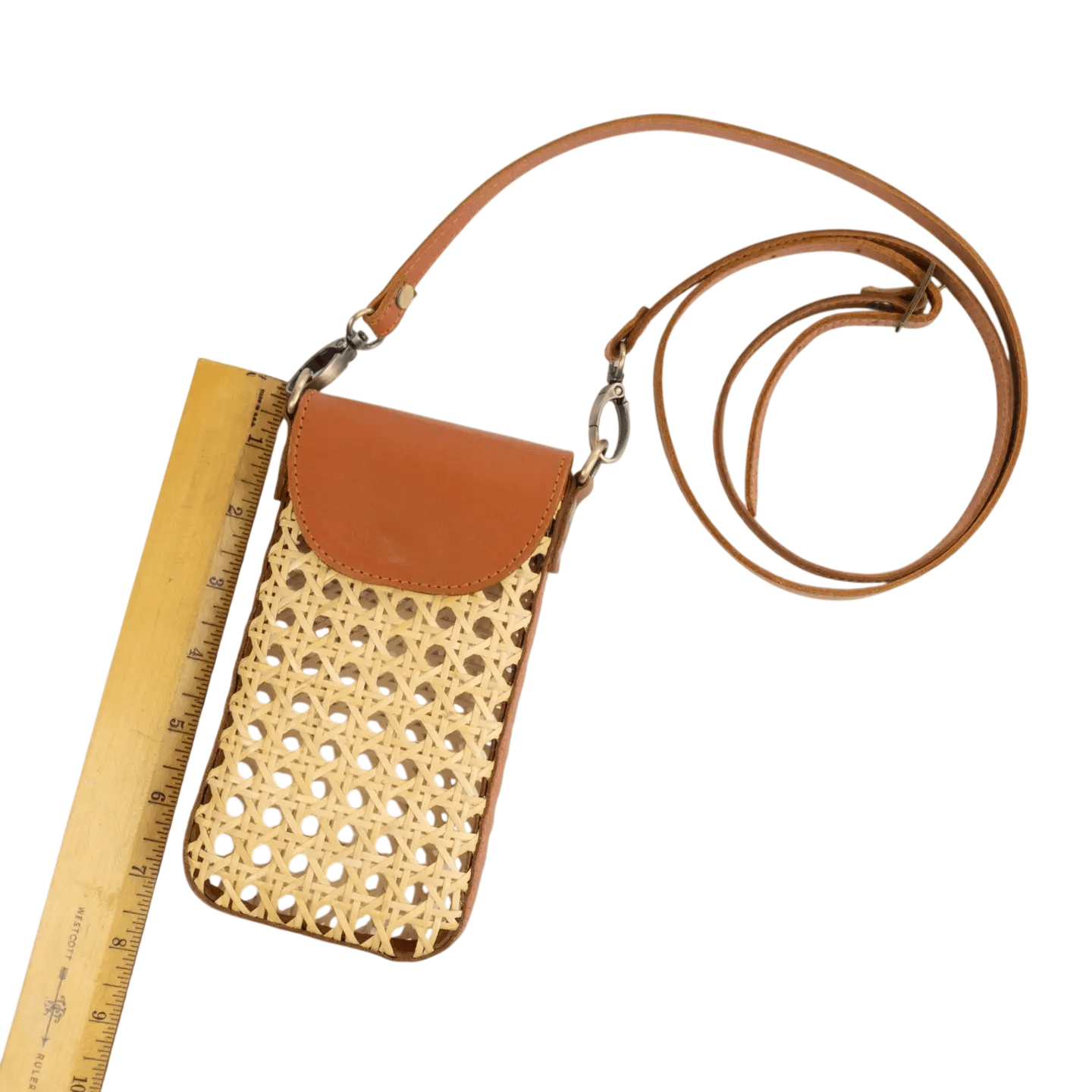 Borneo Rattan Cane Weave Cell Phone Crossbody with Brown Leather Crossbody Bag The Winding Road 