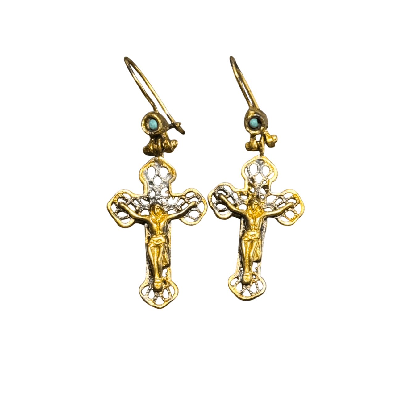 Brass Crucifix Earrings with Turquoise Bead Earrings Eyup Gunduz 
