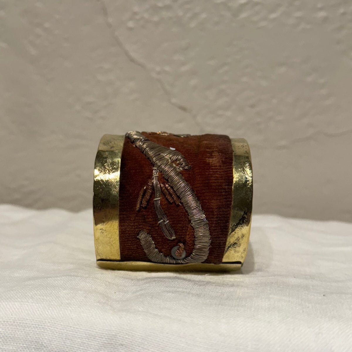 Brass Cuff Made with Antique Ottoman Empire Embroidery | Assorted Bracelet Eyup Gunduz Cuff B | Rust-Red and Gold 