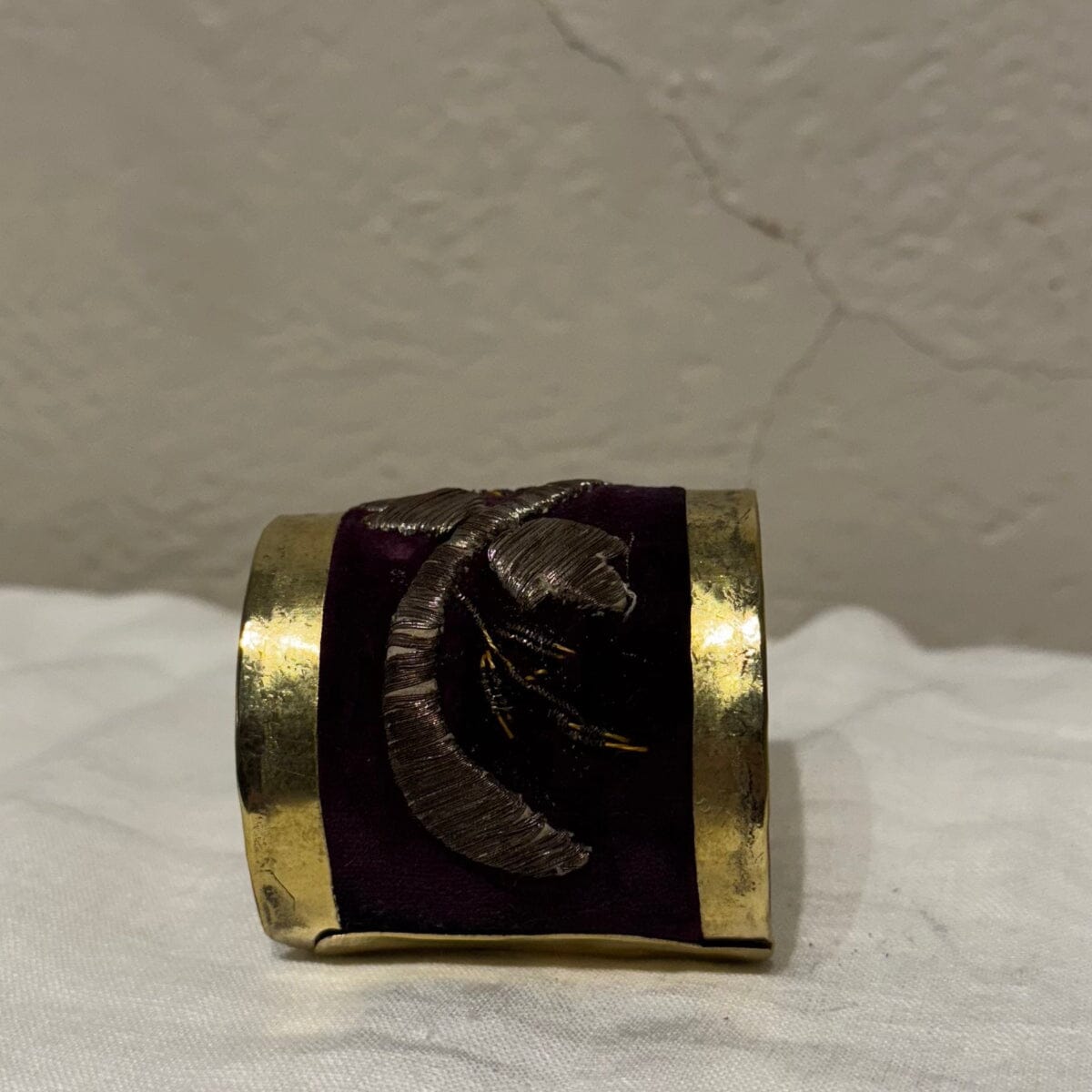 Brass Cuff Made with Antique Ottoman Empire Embroidery | Assorted Bracelet Eyup Gunduz Cuff E | Plum and Silver 
