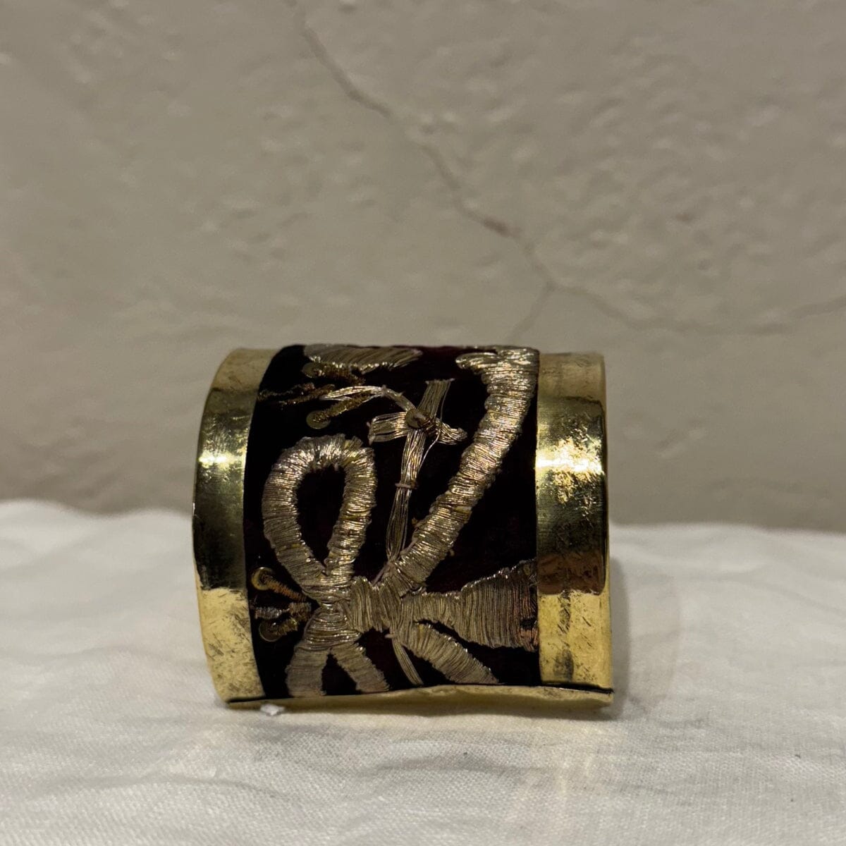 Brass Cuff Made with Antique Ottoman Empire Embroidery | Assorted Bracelet Eyup Gunduz Cuff F | Maroon and Champagne Gold 