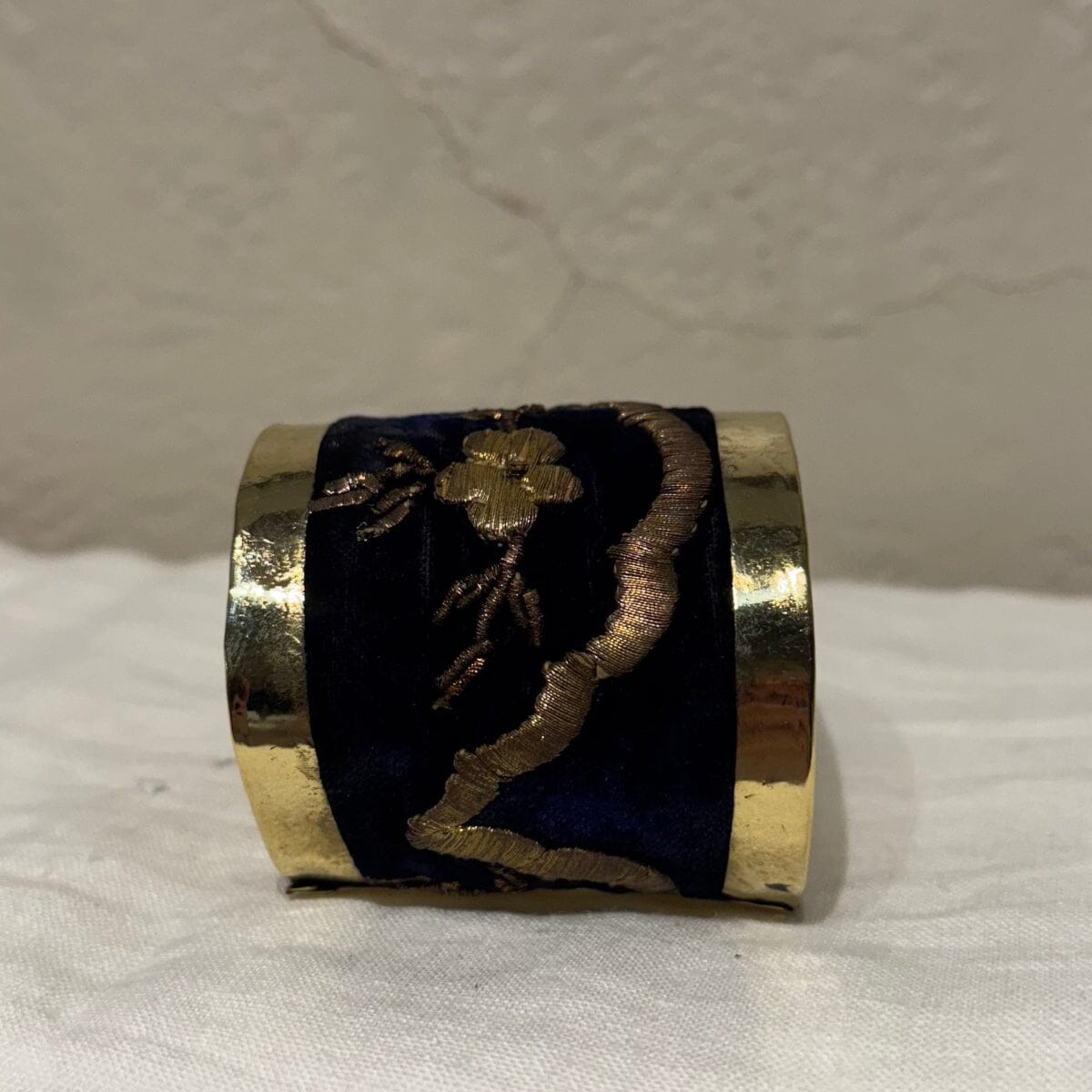 Brass Cuff Made with Antique Ottoman Empire Embroidery | Assorted Bracelet Eyup Gunduz Cuff H | Navy and Gold 