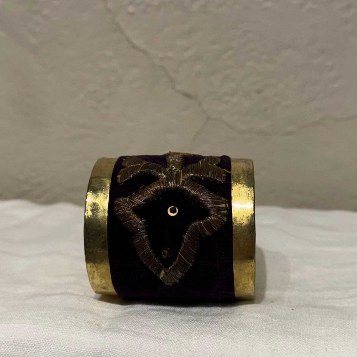 Brass Cuff Made with Antique Ottoman Empire Embroidery | Assorted Bracelet Eyup Gunduz Cuff I | Plum and Antique Gold 