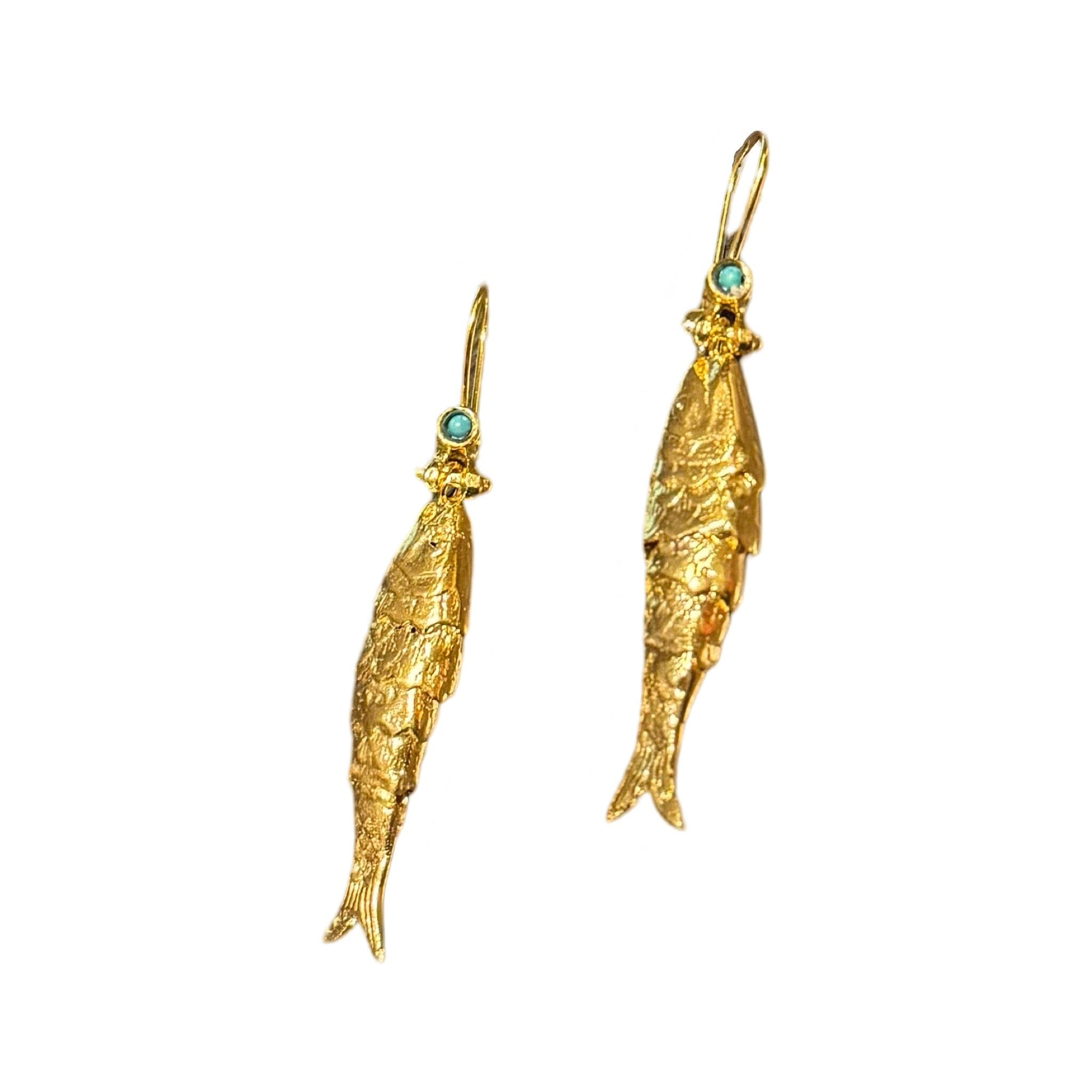 Brass Fish Earrings With Turquoise Bead Earrings Eyup Gunduz 