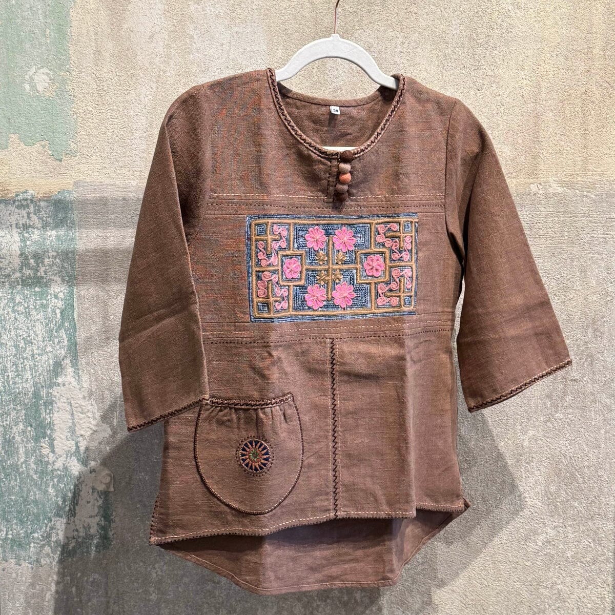 Buttoned Collar Flax Linen Tunic with Vintage Hmong Batik and Embroidery Tunic  Mocha | Small 