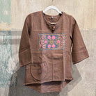 Buttoned Collar Flax Linen Tunic with Vintage Hmong Batik and Embroidery Tunic  Mocha | Small 