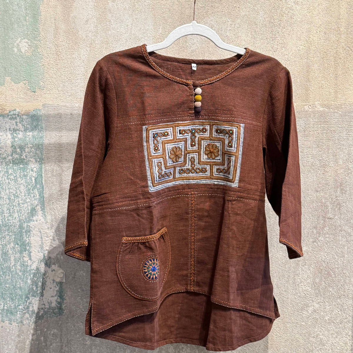 Buttoned Collar Flax Linen Tunic with Vintage Hmong Batik and Embroidery Tunic Brown | Medium 