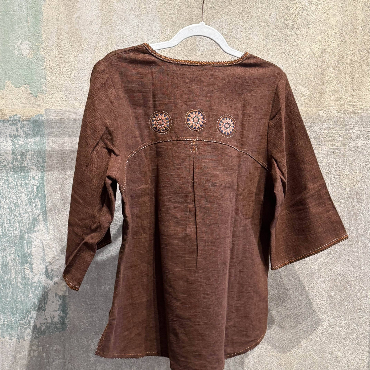 Buttoned Collar Flax Linen Tunic with Vintage Hmong Batik and Embroidery Tunic Brown