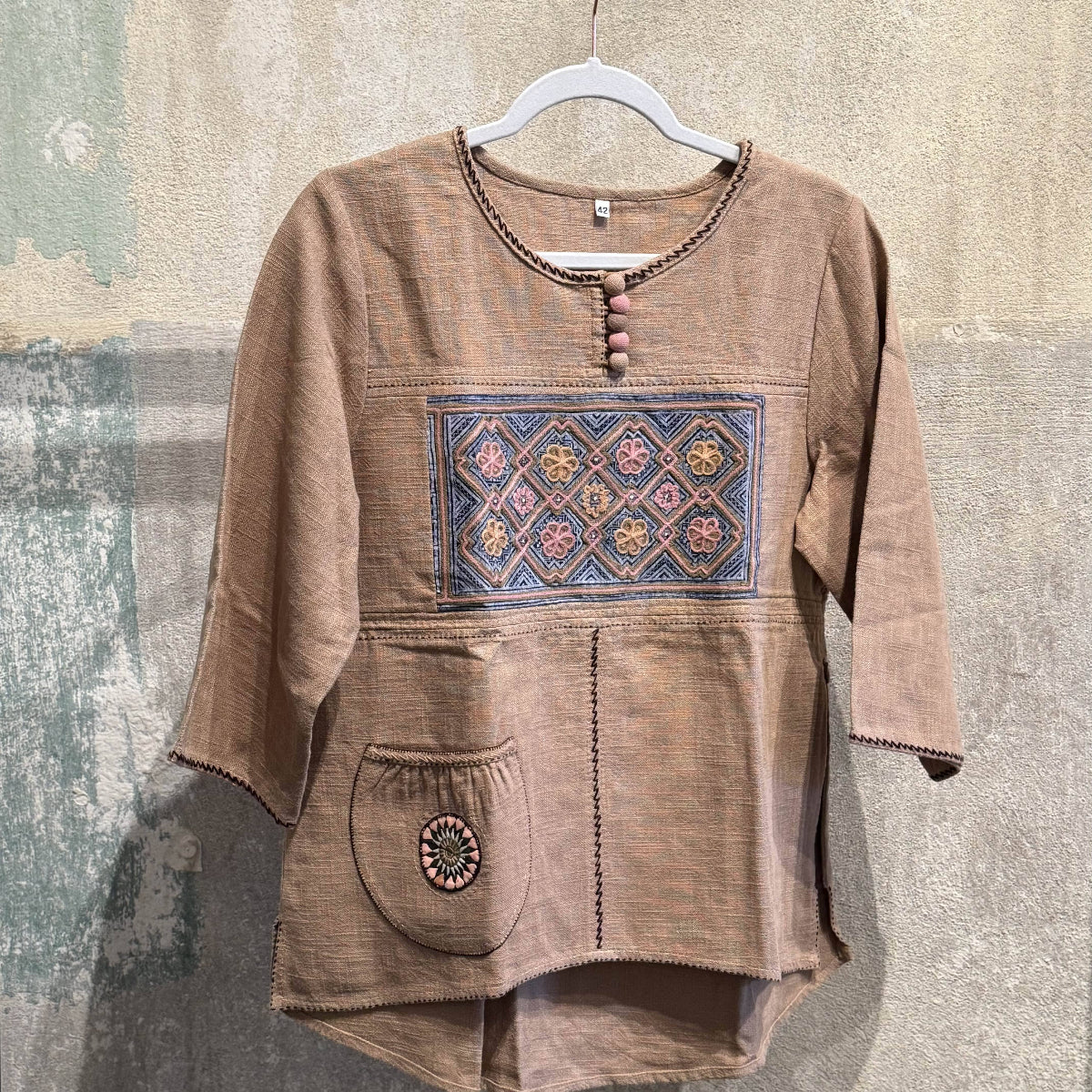 Buttoned Collar Flax Linen Tunic with Vintage Hmong Batik and Embroidery Tunic Coffee | Medium 