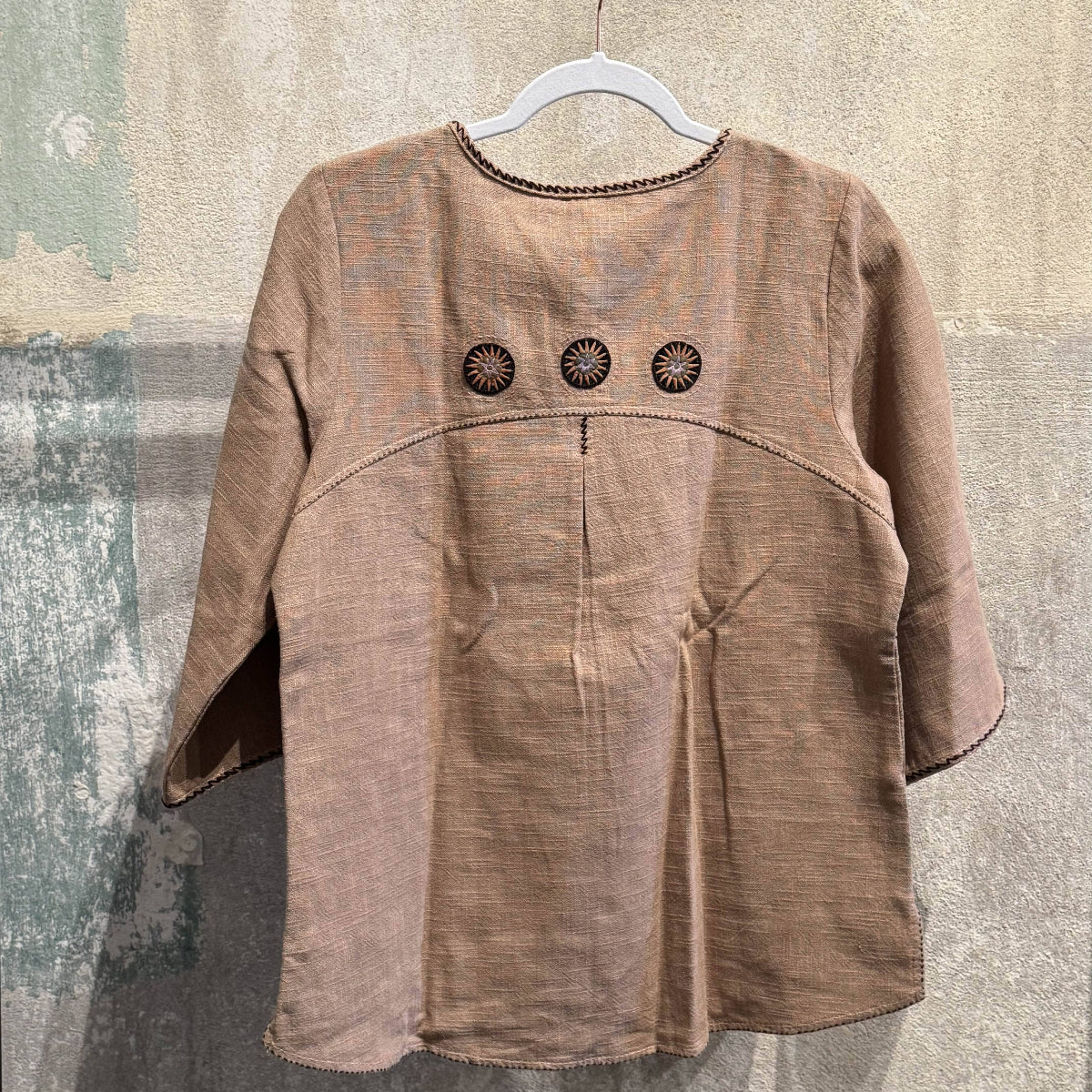 Buttoned Collar Flax Linen Tunic with Vintage Hmong Batik and Embroidery Tunic Coffee 