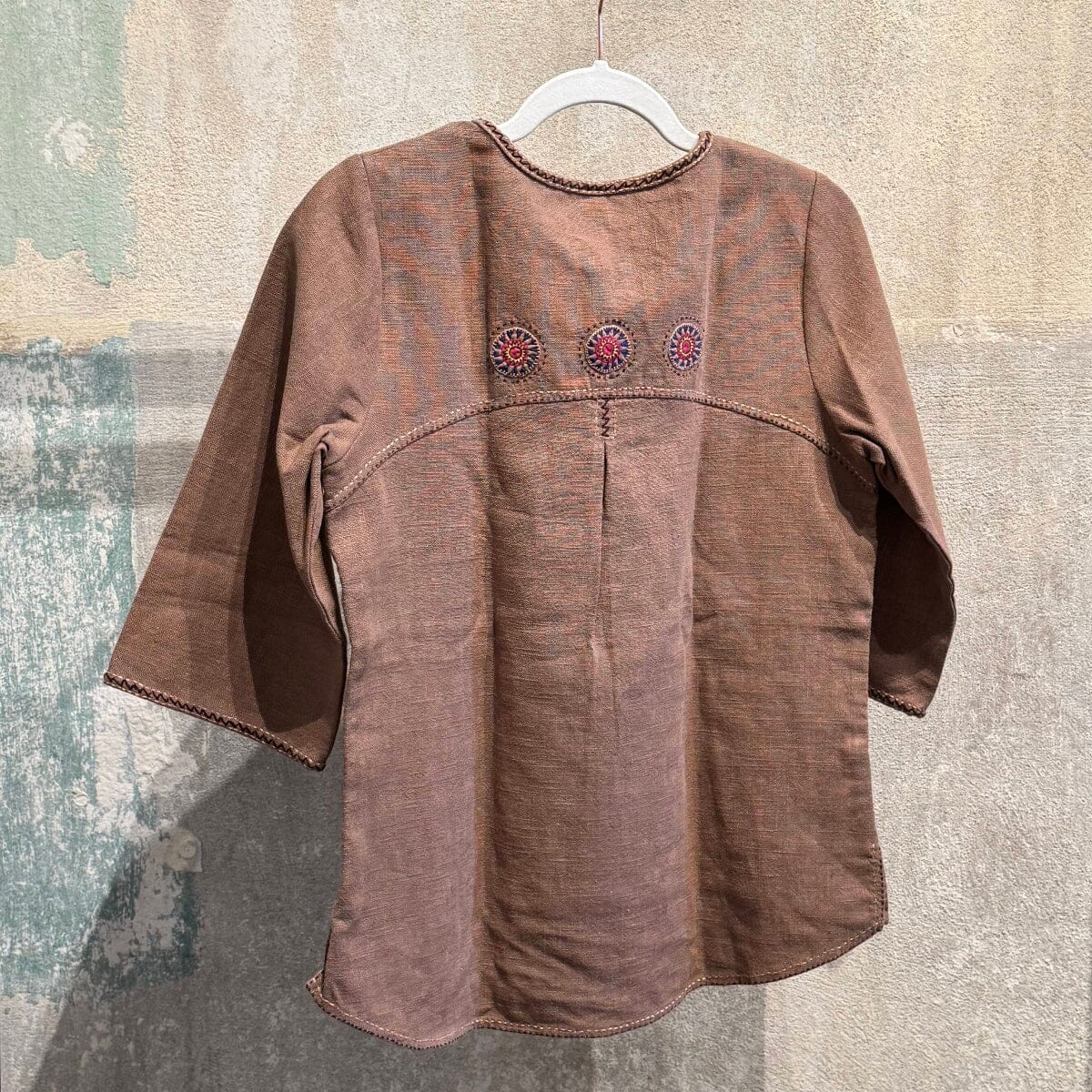 Buttoned Collar Flax Linen Tunic with Vintage Hmong Batik and Embroidery Tunic Mocha