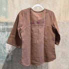 Buttoned Collar Flax Linen Tunic with Vintage Hmong Batik and Embroidery Tunic Mocha