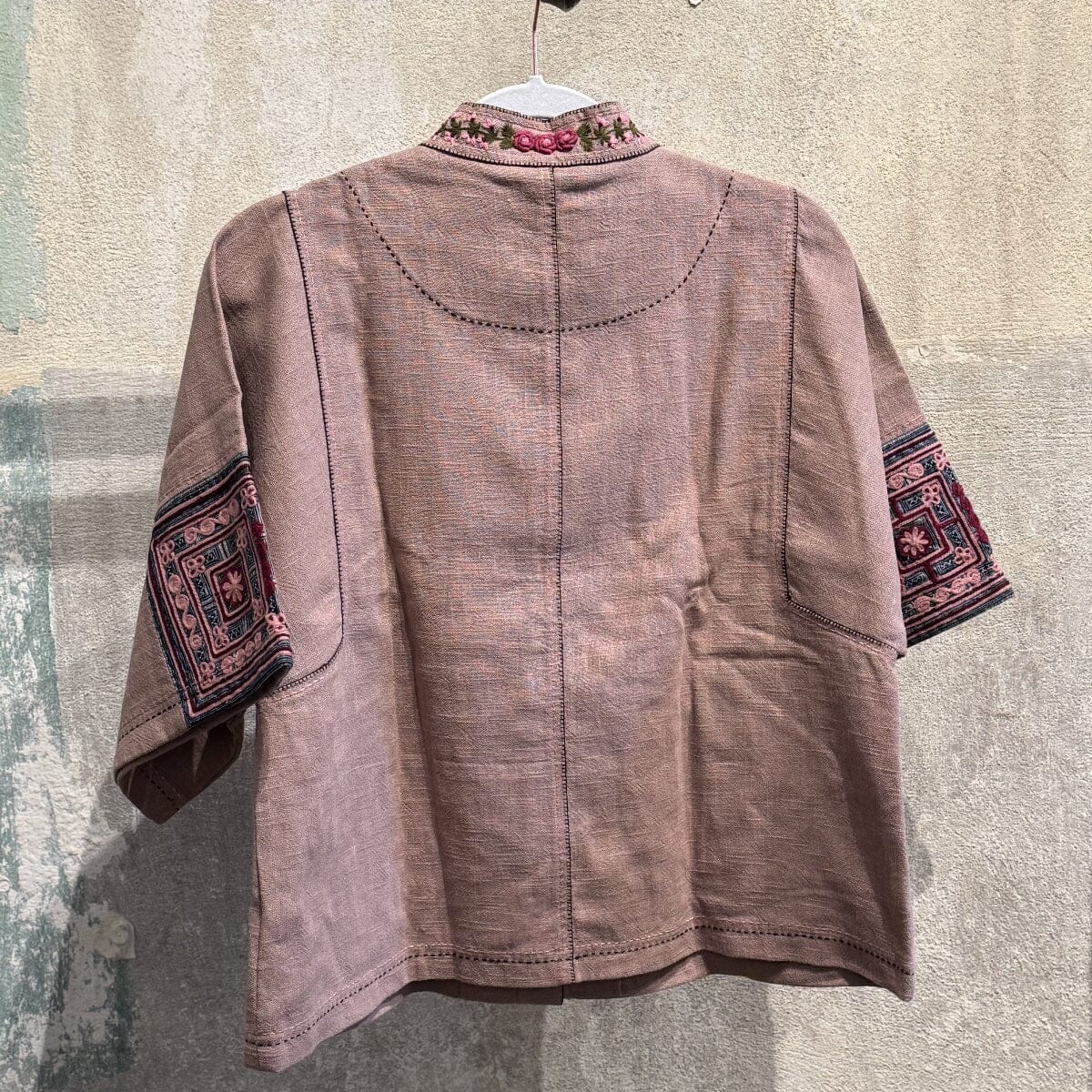 Flax Linen Short Jacket with Vintage Hmong Batik and Embroidery Jacket Bangkok 