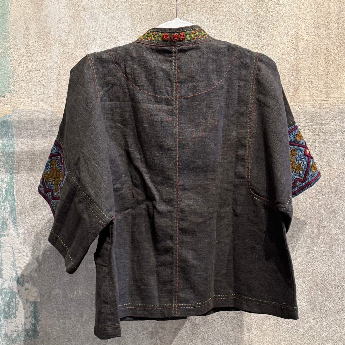 Flax Linen Short Jacket with Vintage Hmong Batik and Embroidery Jacket Bangkok 