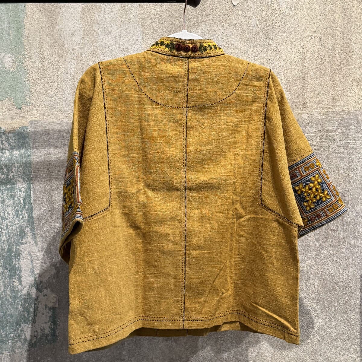 Flax Linen Short Jacket with Vintage Hmong Batik and Embroidery Jacket Bangkok 