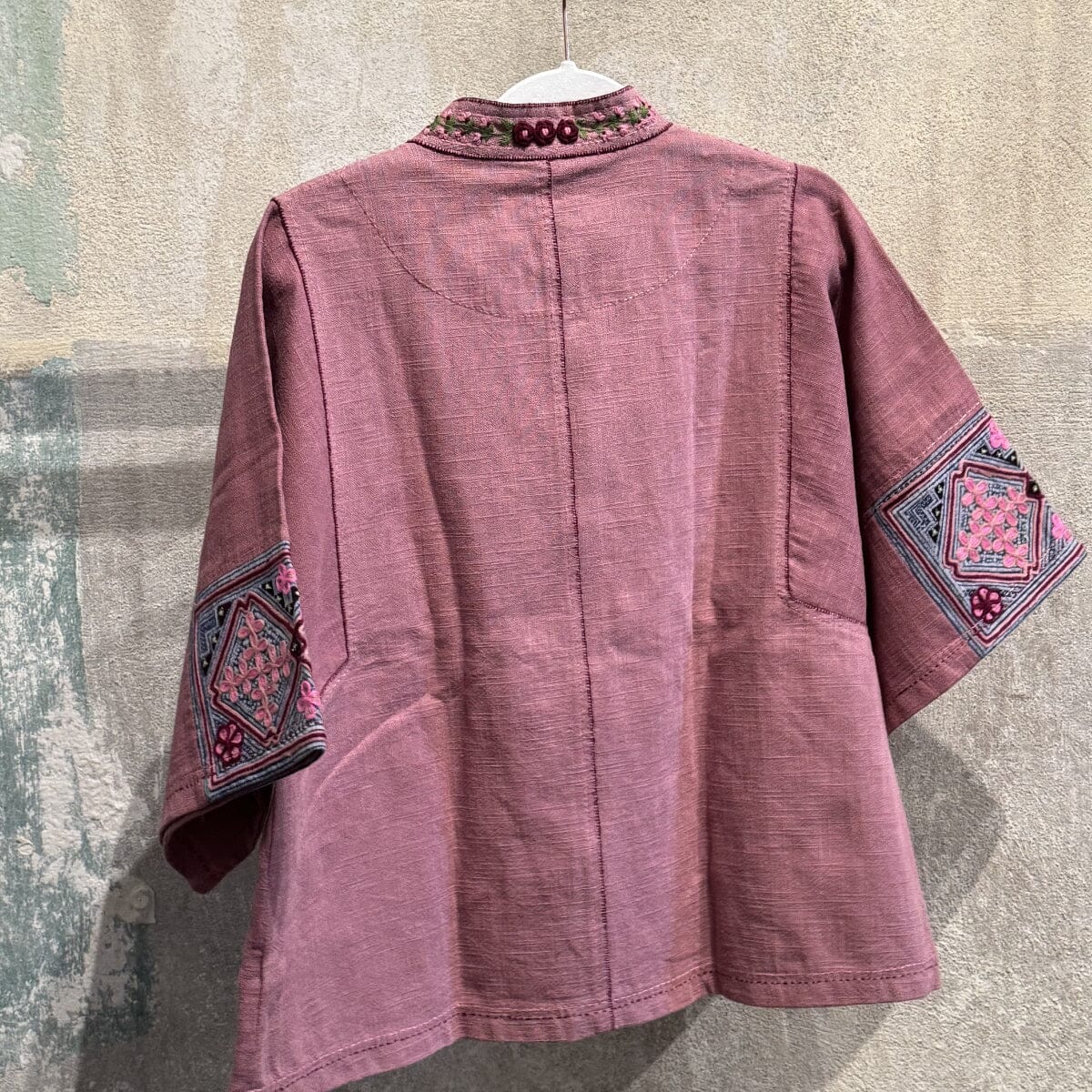 Flax Linen Short Jacket with Vintage Hmong Batik and Embroidery Jacket Bangkok 