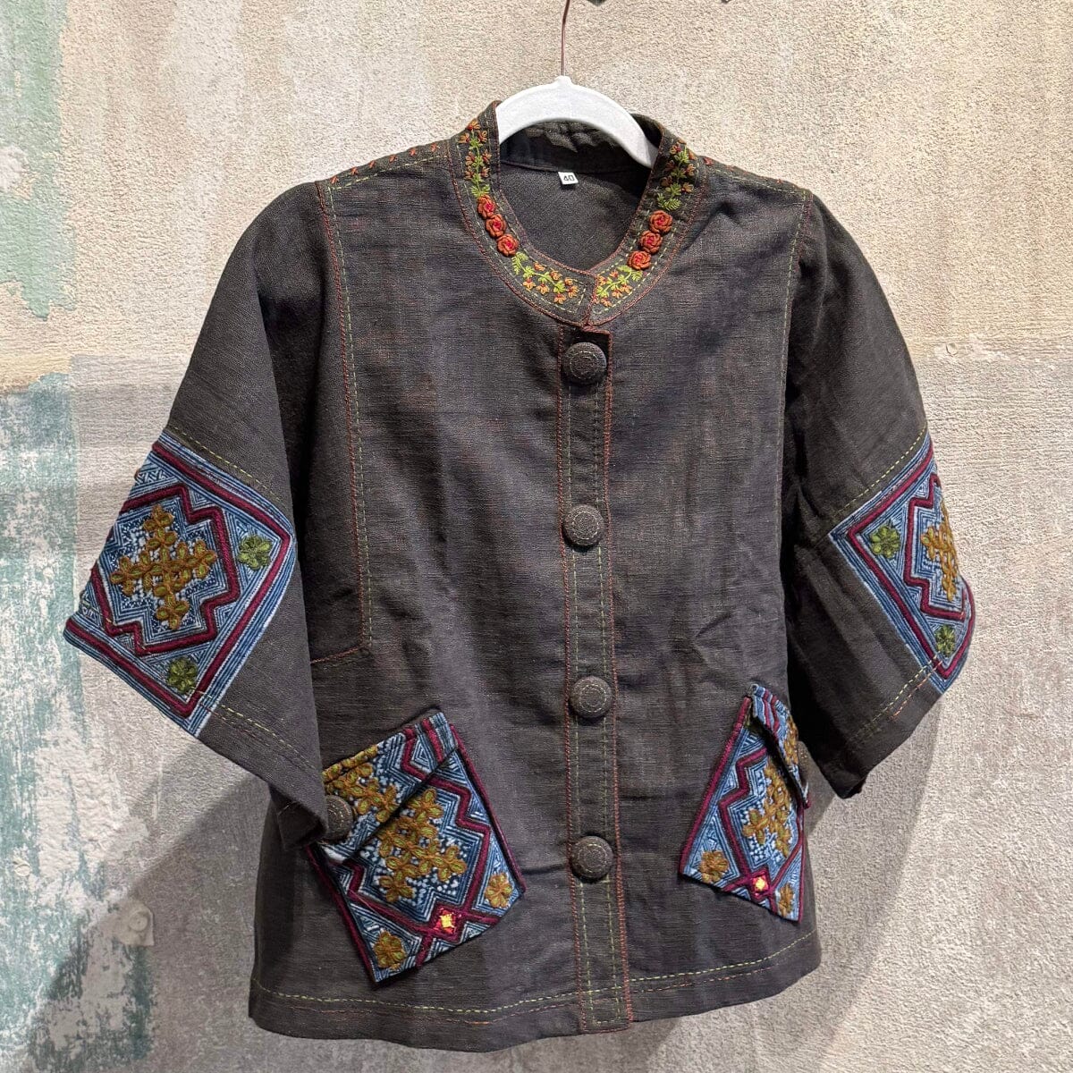 Flax Linen Short Jacket with Vintage Hmong Batik and Embroidery Jacket Bangkok Black | Medium 