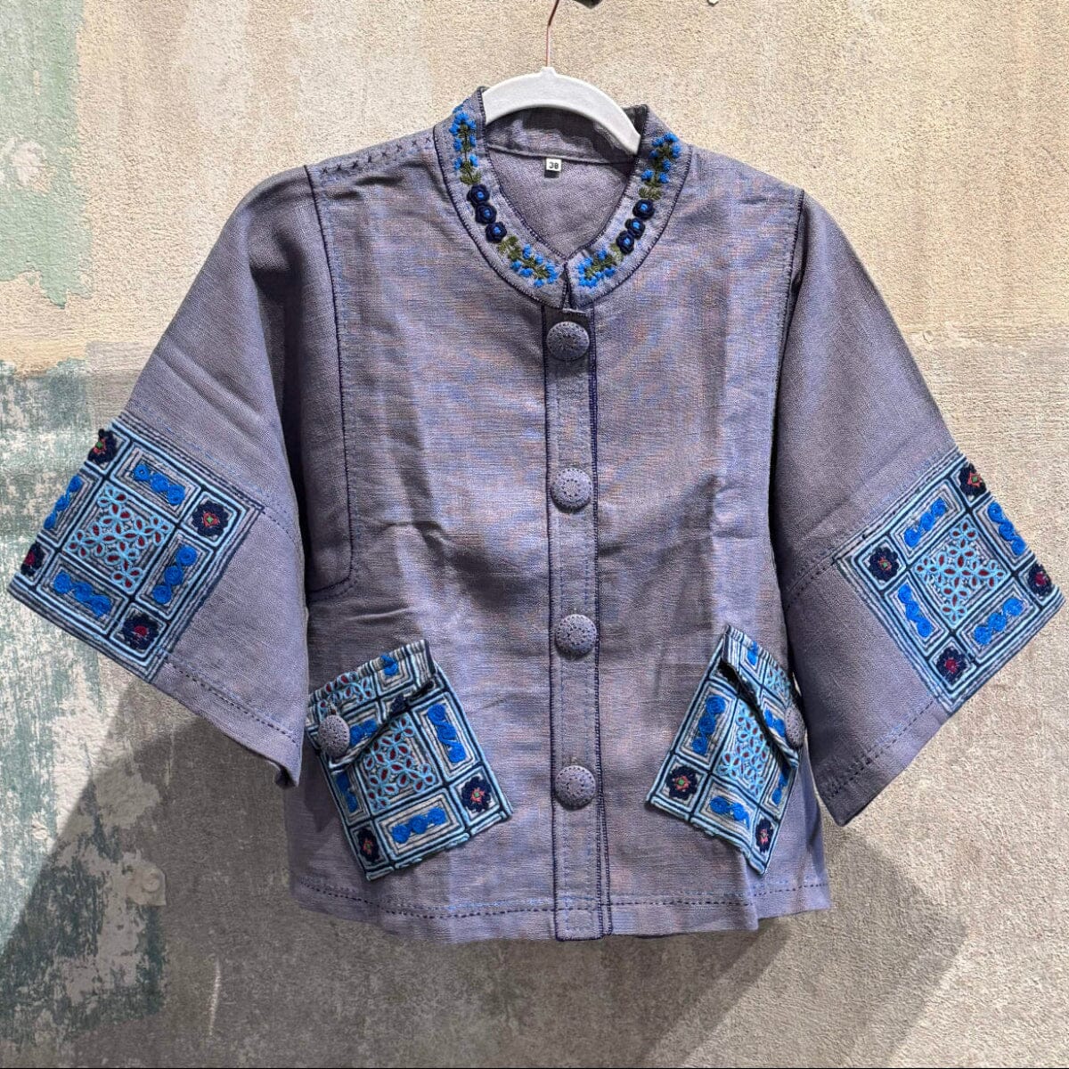 Flax Linen Short Jacket with Vintage Hmong Batik and Embroidery Jacket Bangkok Blue | Small 