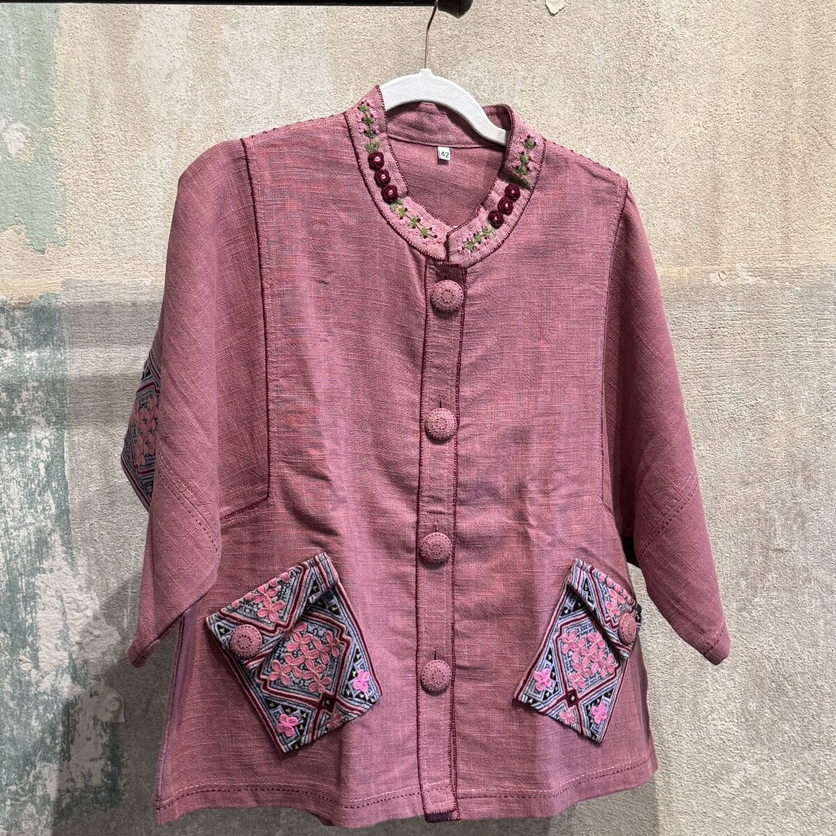 Flax Linen Short Jacket with Vintage Hmong Batik and Embroidery Jacket Bangkok Dusty Rose | Medium 