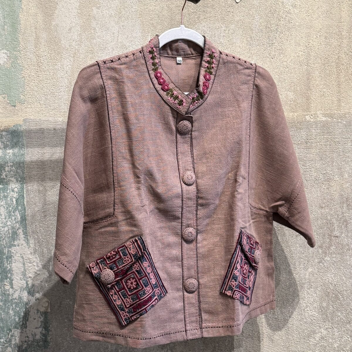 Flax Linen Short Jacket with Vintage Hmong Batik and Embroidery Jacket Bangkok Mauve | Medium 