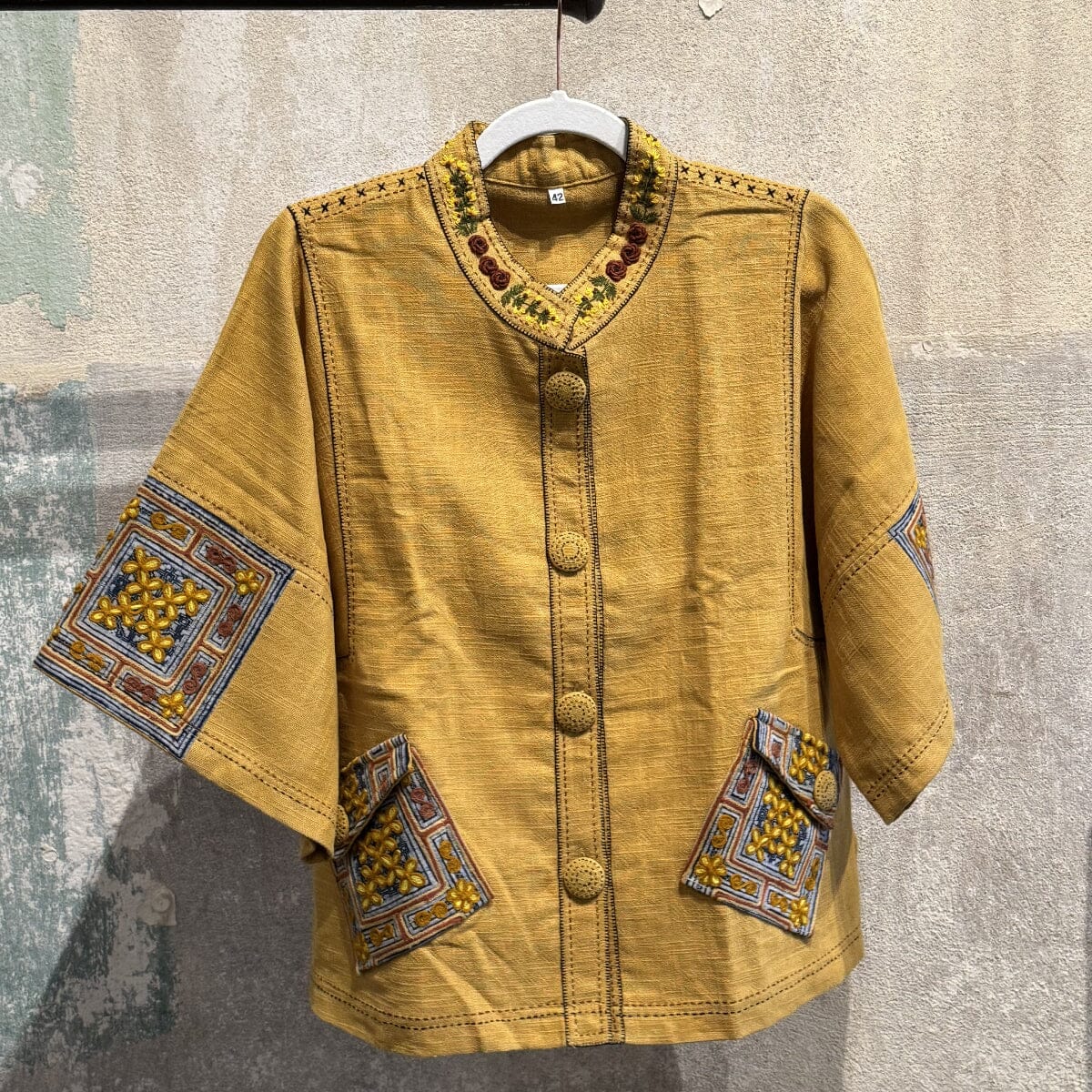 Flax Linen Short Jacket with Vintage Hmong Batik and Embroidery Jacket Bangkok Mustard | Medium 