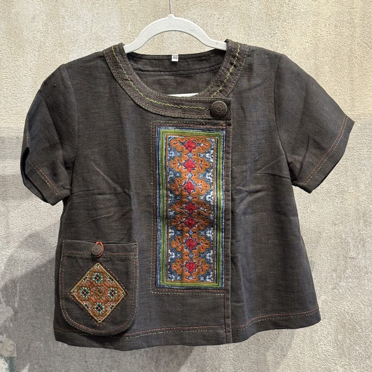 Flax Linen Snap Button Shirt with Vintage Hmong Batik and Embroidery Shirt Bangkok Black | Medium 