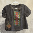 Flax Linen Snap Button Shirt with Vintage Hmong Batik and Embroidery Shirt Bangkok Black | Medium 