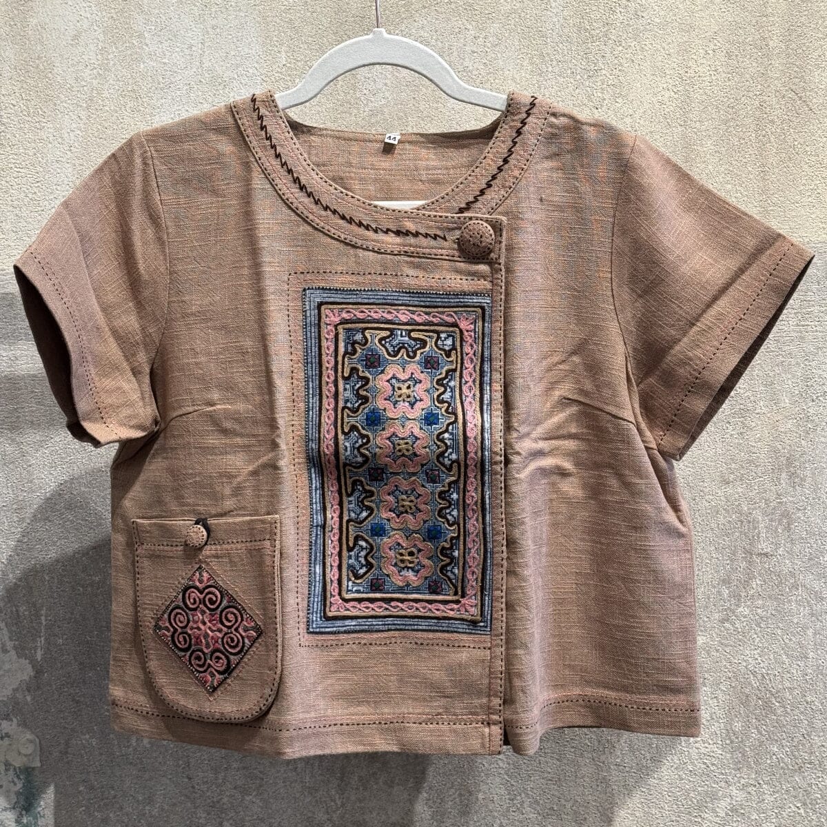 Flax Linen Snap Button Shirt with Vintage Hmong Batik and Embroidery Shirt Bangkok Coffee | Large 