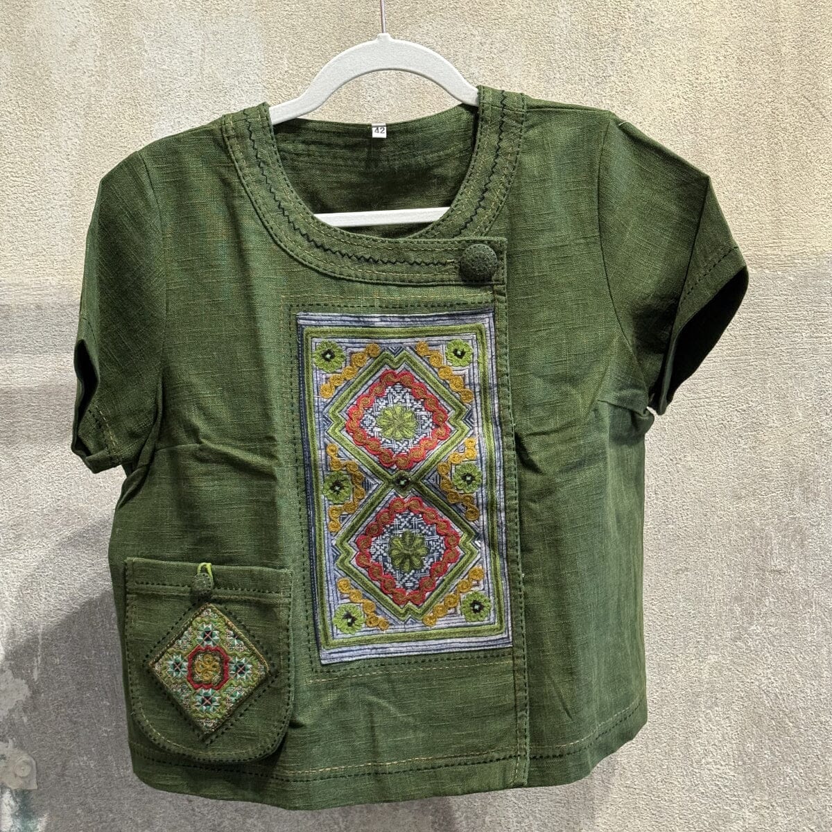 Flax Linen Snap Button Shirt with Vintage Hmong Batik and Embroidery Shirt Bangkok Forrest | Medium 