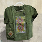 Flax Linen Snap Button Shirt with Vintage Hmong Batik and Embroidery Shirt Bangkok Forrest | Medium 