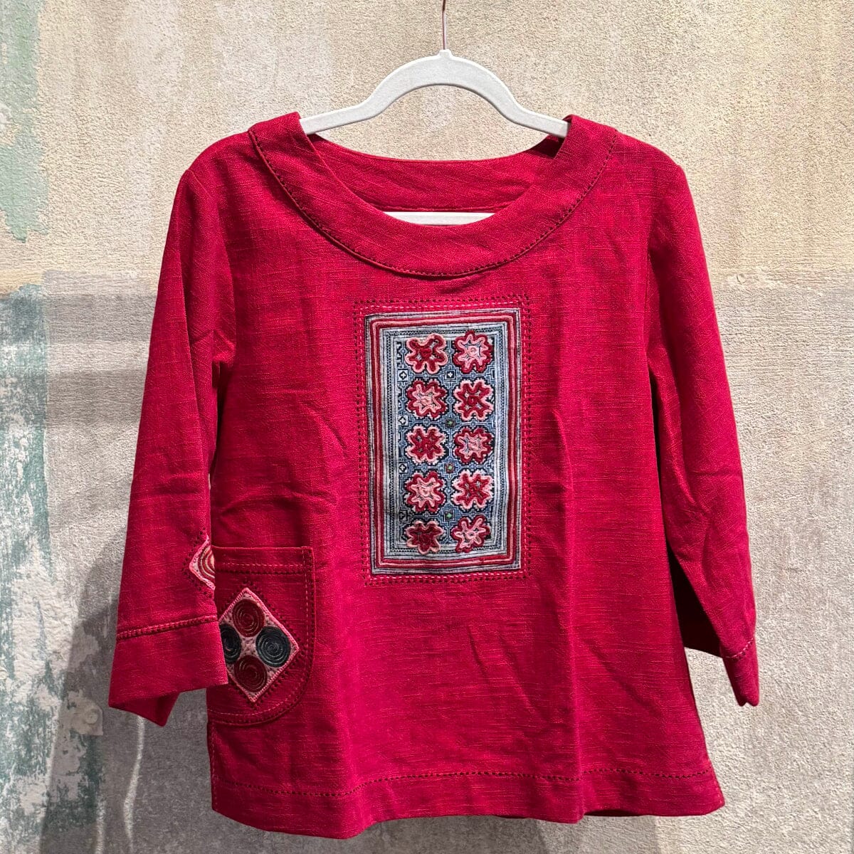 Flax Linen Tunic with Vintage Hmong Batik and Embroidery Tunic Bangkok Crimson | Medium 