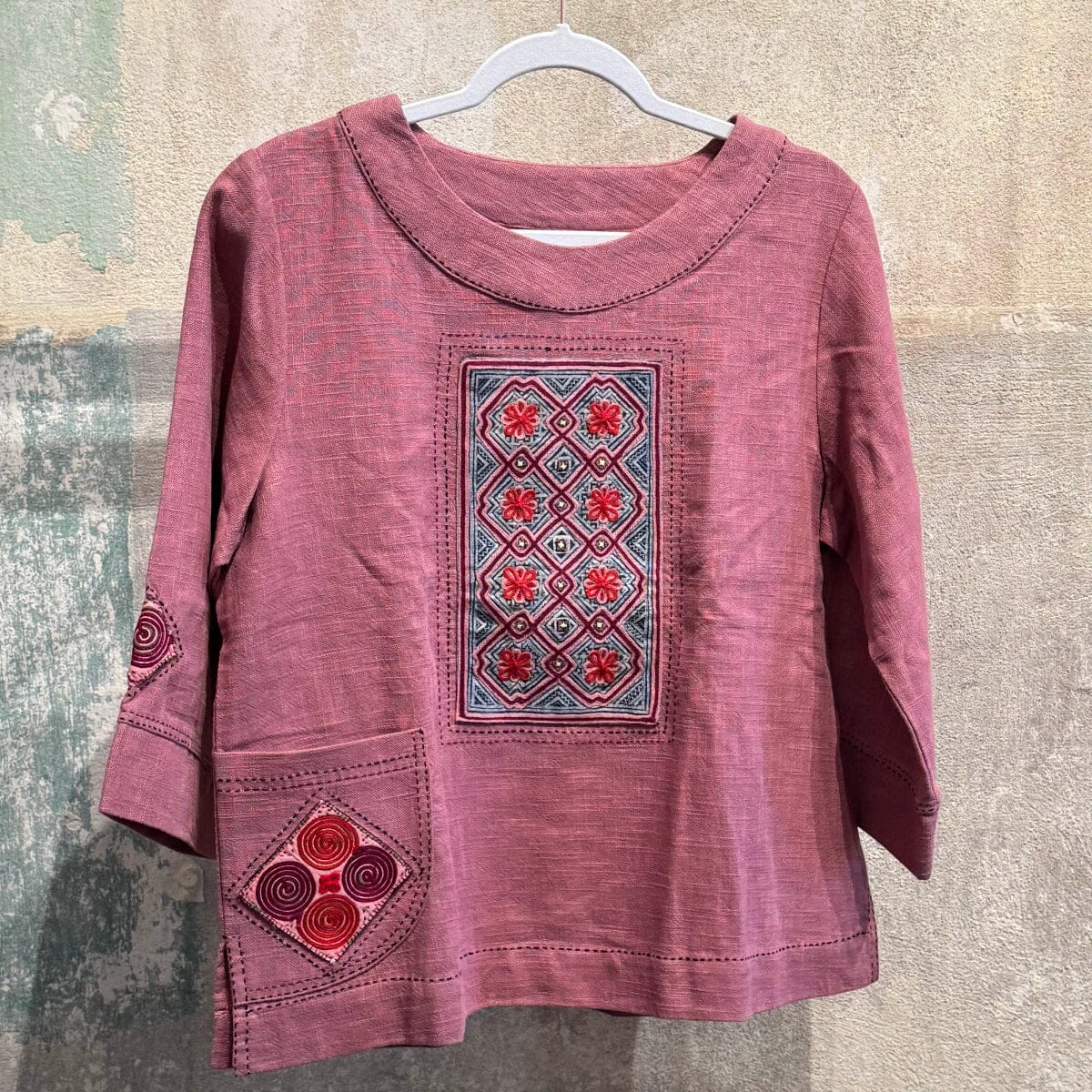 Flax Linen Tunic with Vintage Hmong Batik and Embroidery Tunic Bangkok Dusty Rose | Medium 