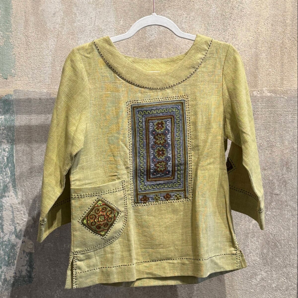 Flax Linen Tunic with Vintage Hmong Batik and Embroidery Tunic Bangkok Leaf Green | Small 