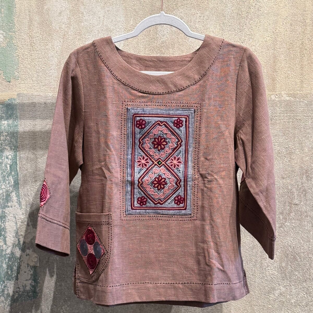 Flax Linen Tunic with Vintage Hmong Batik and Embroidery Tunic Bangkok Mauve | Medium 