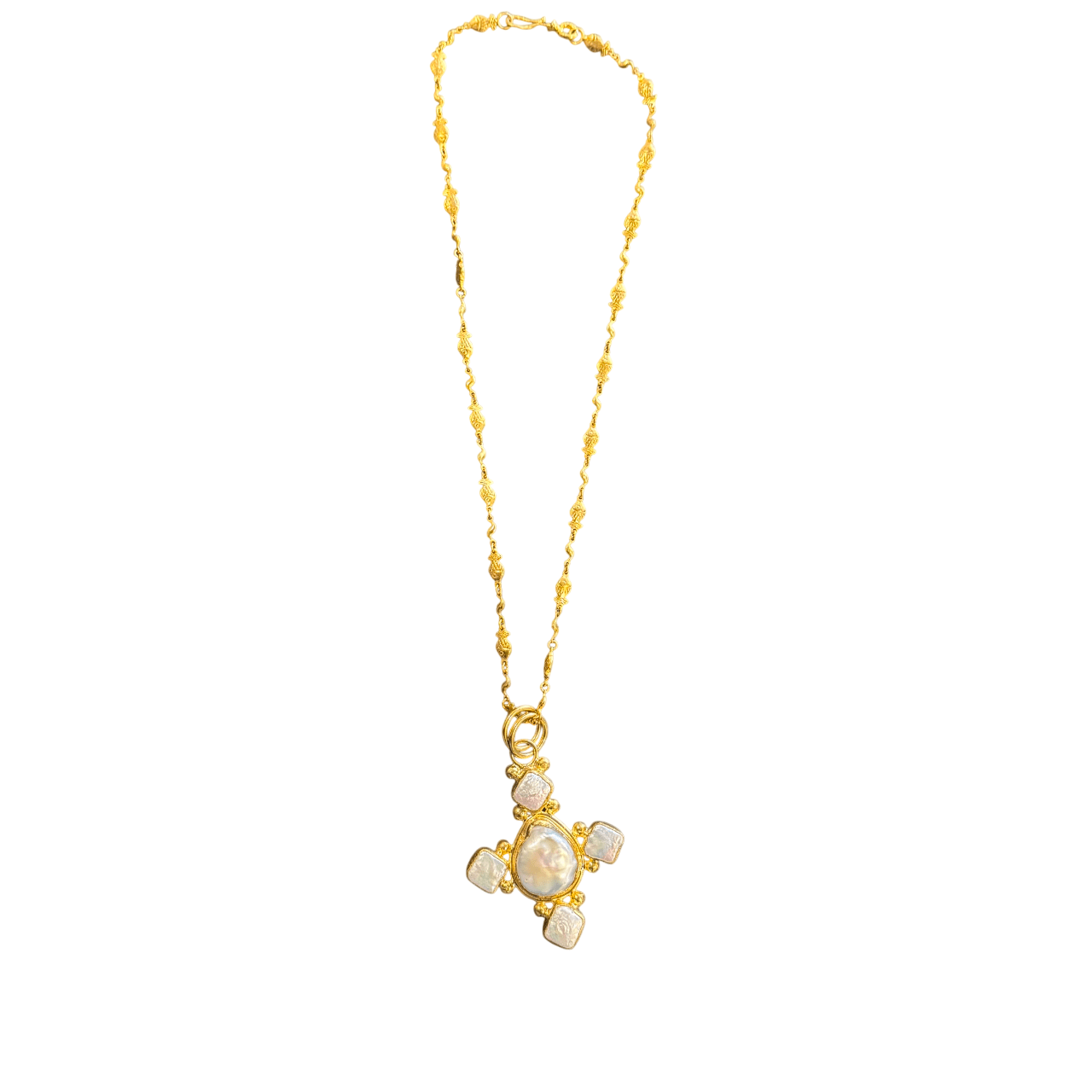 Gold Brass Cross with Baroque Pearls Pendant on Fish Necklace Necklace Eyup Gunduz 