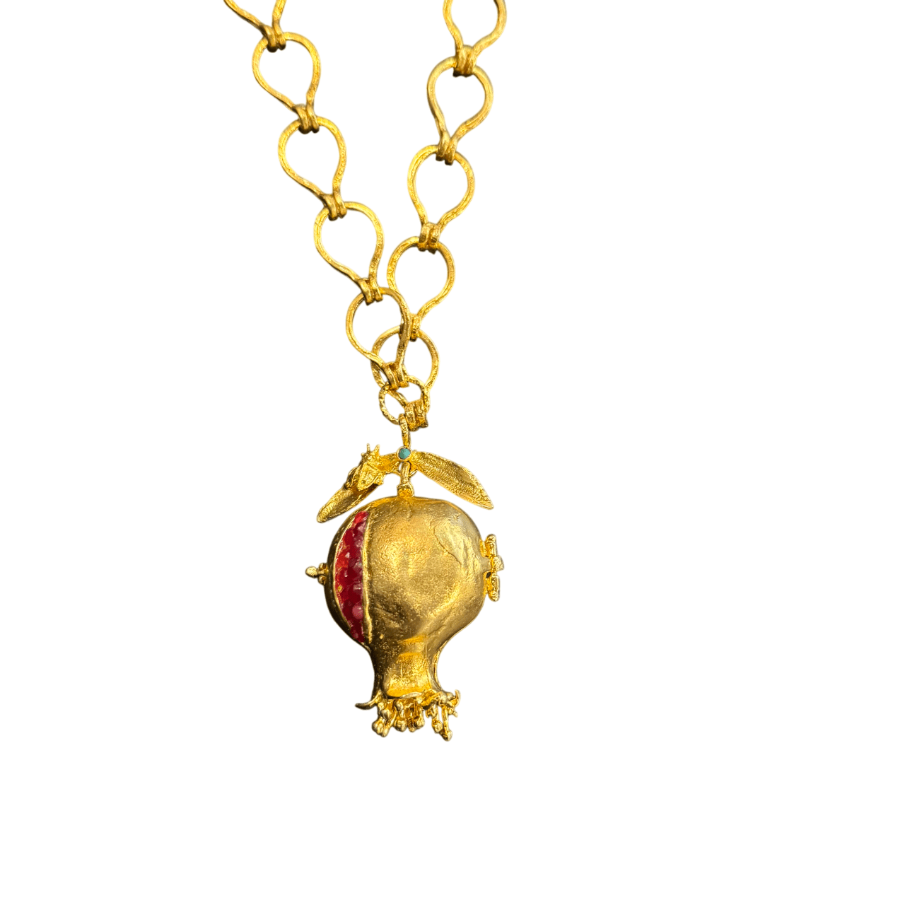 Gold Link Chain Necklace with Interlocking Ovals and Locket Style Pomegranate Pendant Necklace Eyup Gunduz 
