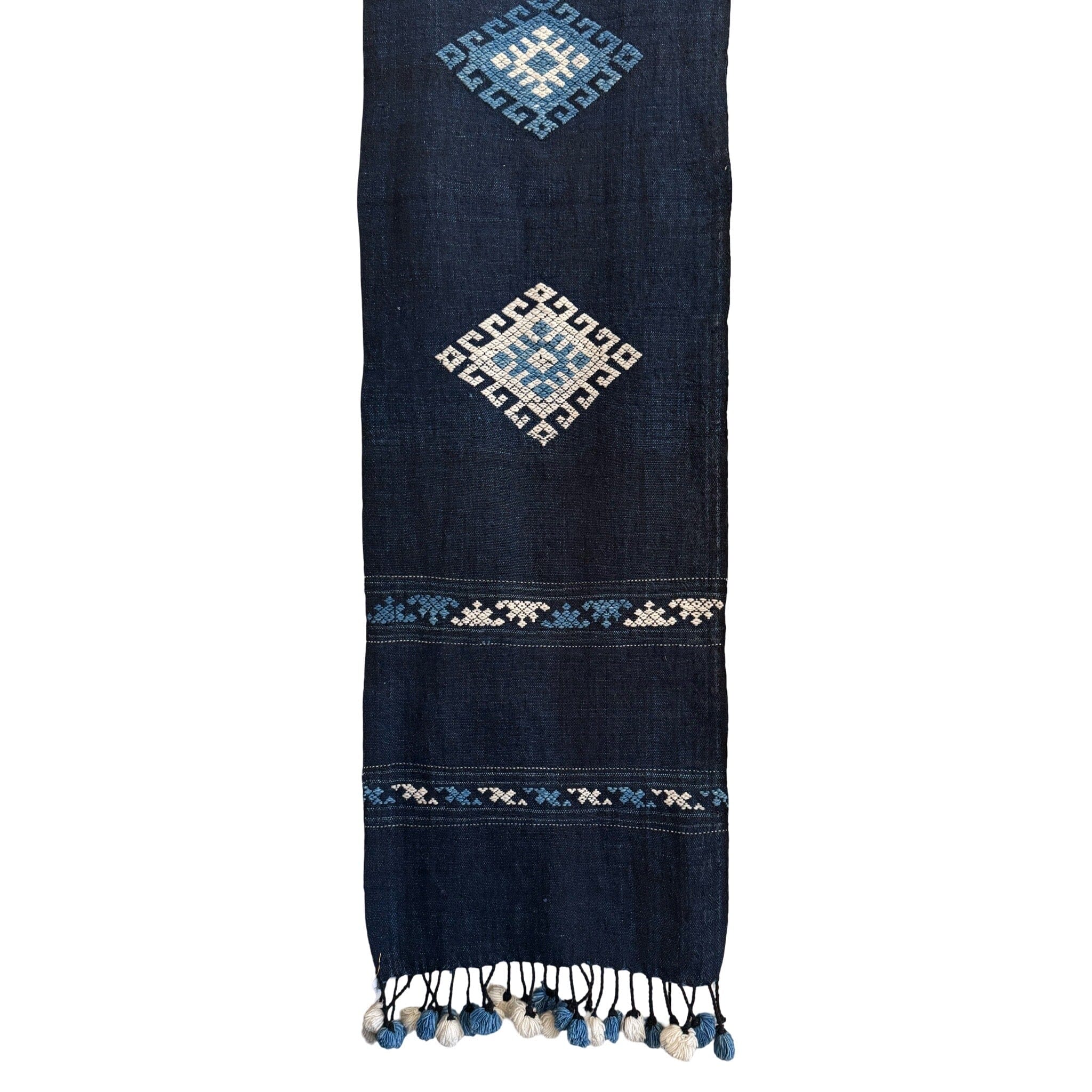 Hand Dyed Handwoven Indigo Scarf or Table Runner from Laos Table Runner ClayCut Laos Indigo PomPom 