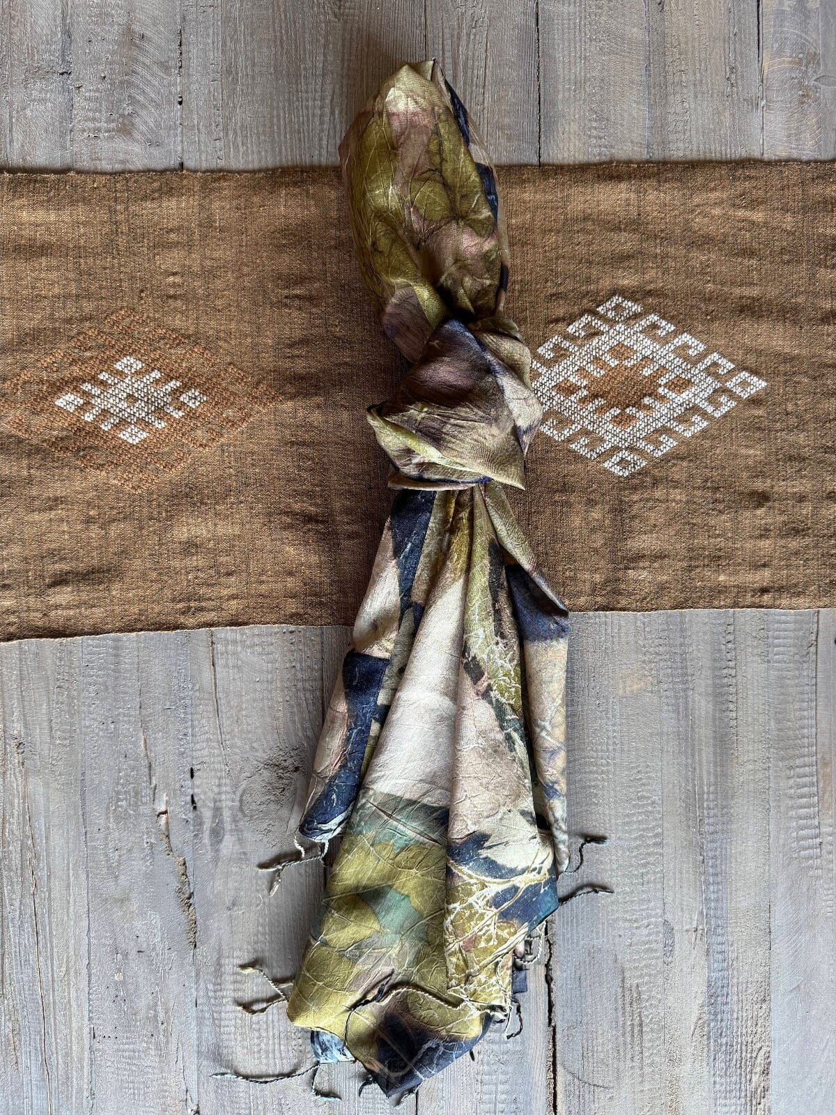 Hand Dyed Leaf Print Silk Scarf Scarf ClayCut Laos A 