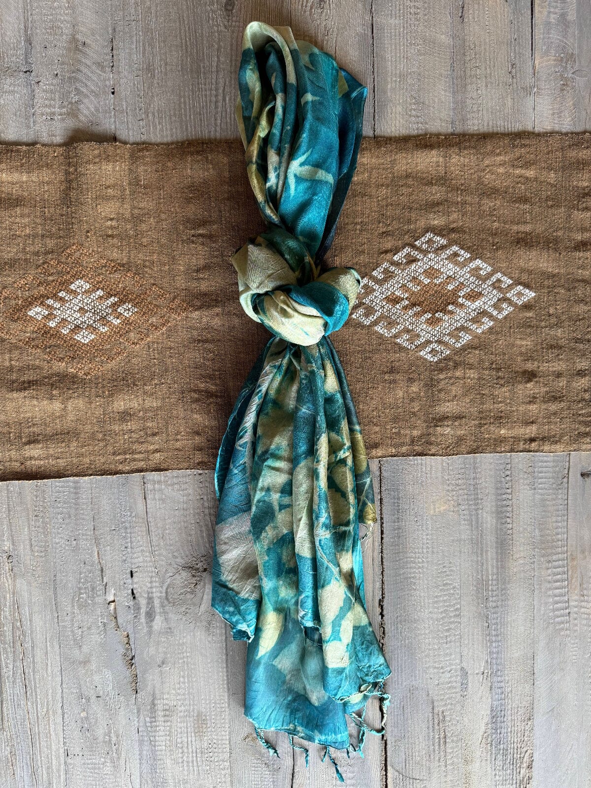 Hand Dyed Leaf Print Silk Scarf Scarf ClayCut Laos B 