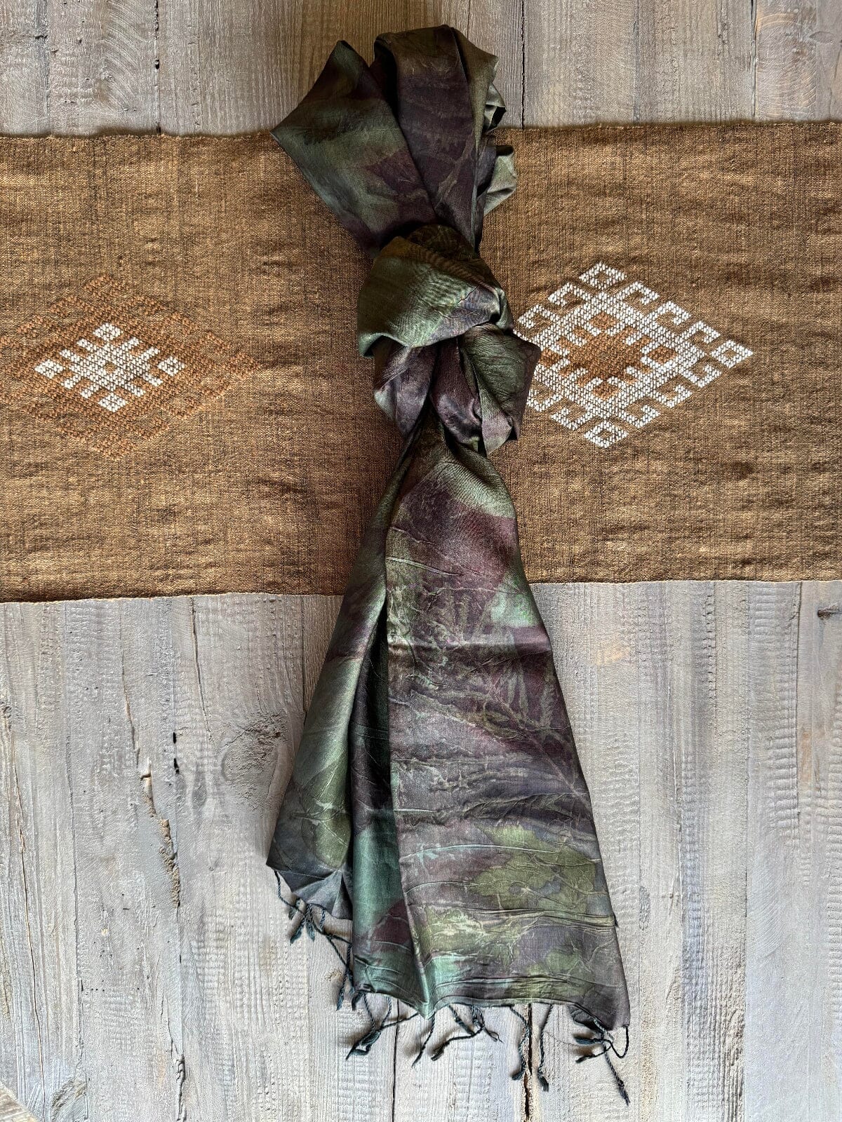 Hand Dyed Leaf Print Silk Scarf Scarf ClayCut Laos E 