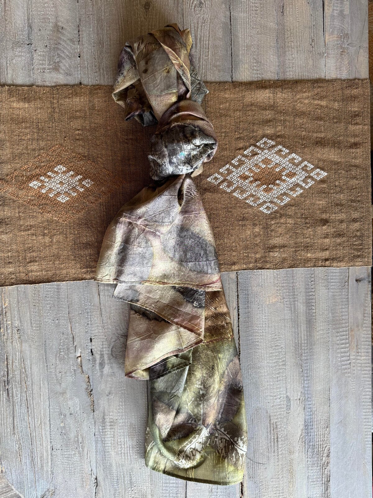 Hand Dyed Leaf Print Silk Scarf Scarf ClayCut Laos F 