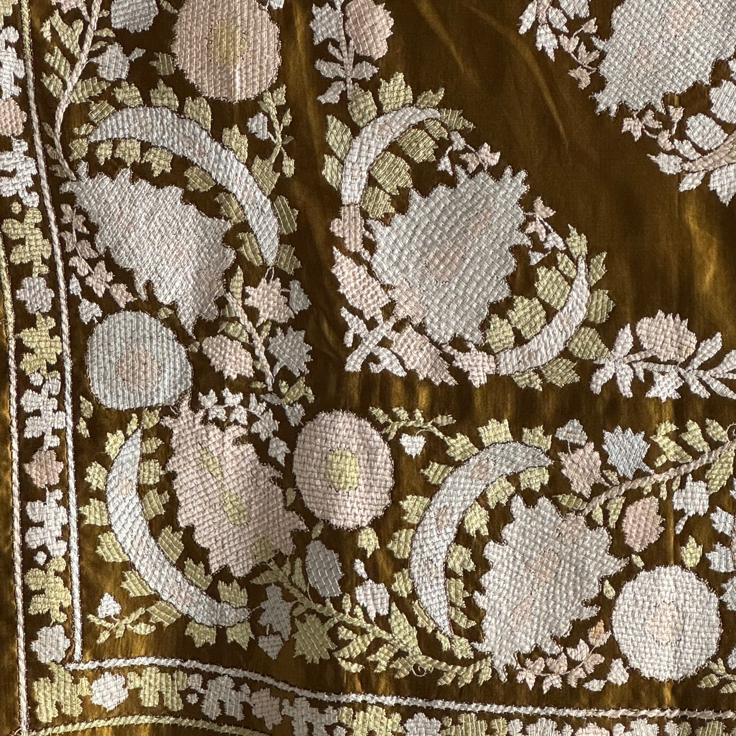 Hand Embroidered Olive Chartreuse Silk Satin Bohca (#TX080726 | 43 x 46 1/2") Antique Textile Leyla Textiles 
