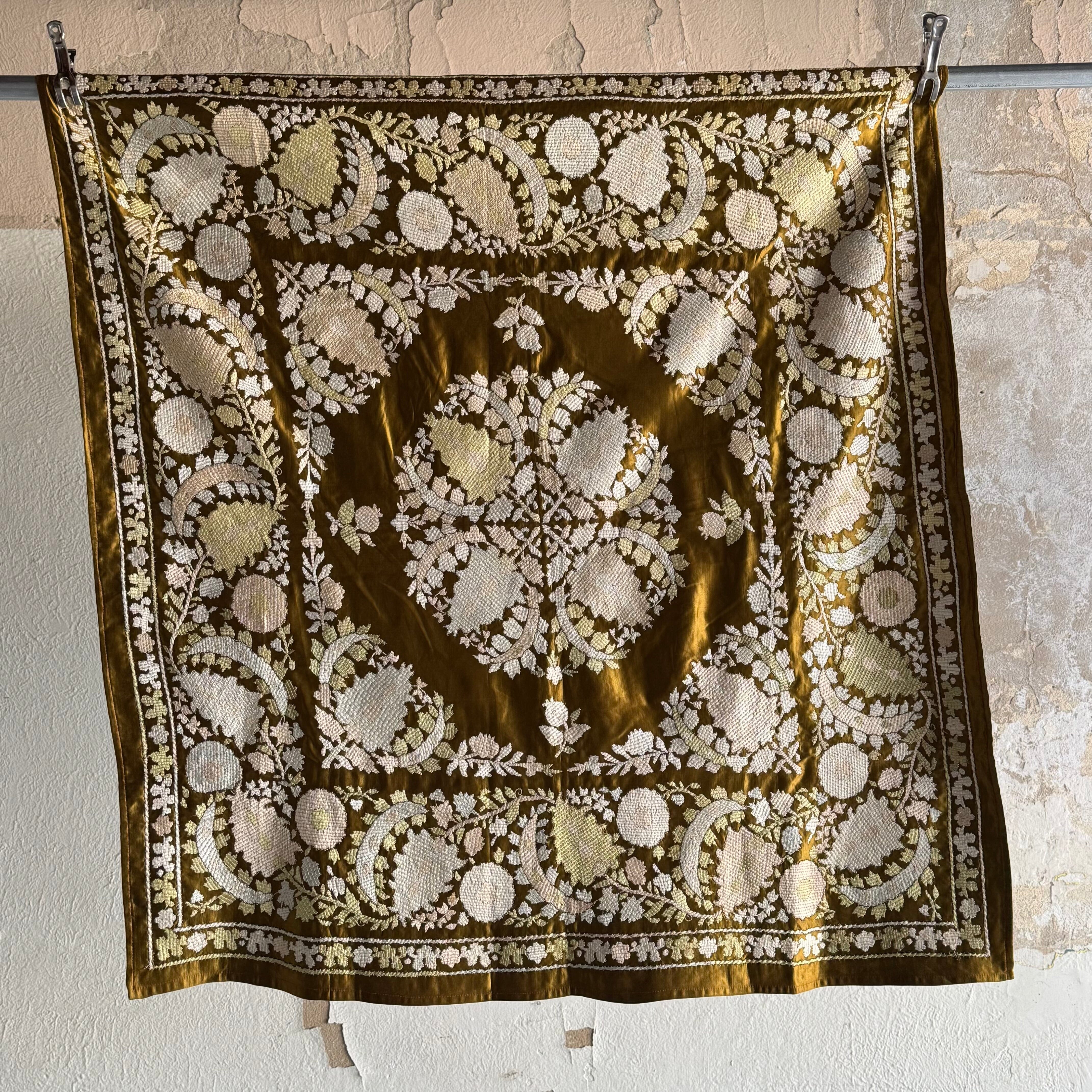 Hand Embroidered Olive Chartreuse Silk Satin Bohca (#TX080726 | 43 x 46 1/2") Antique Textile Leyla Textiles 
