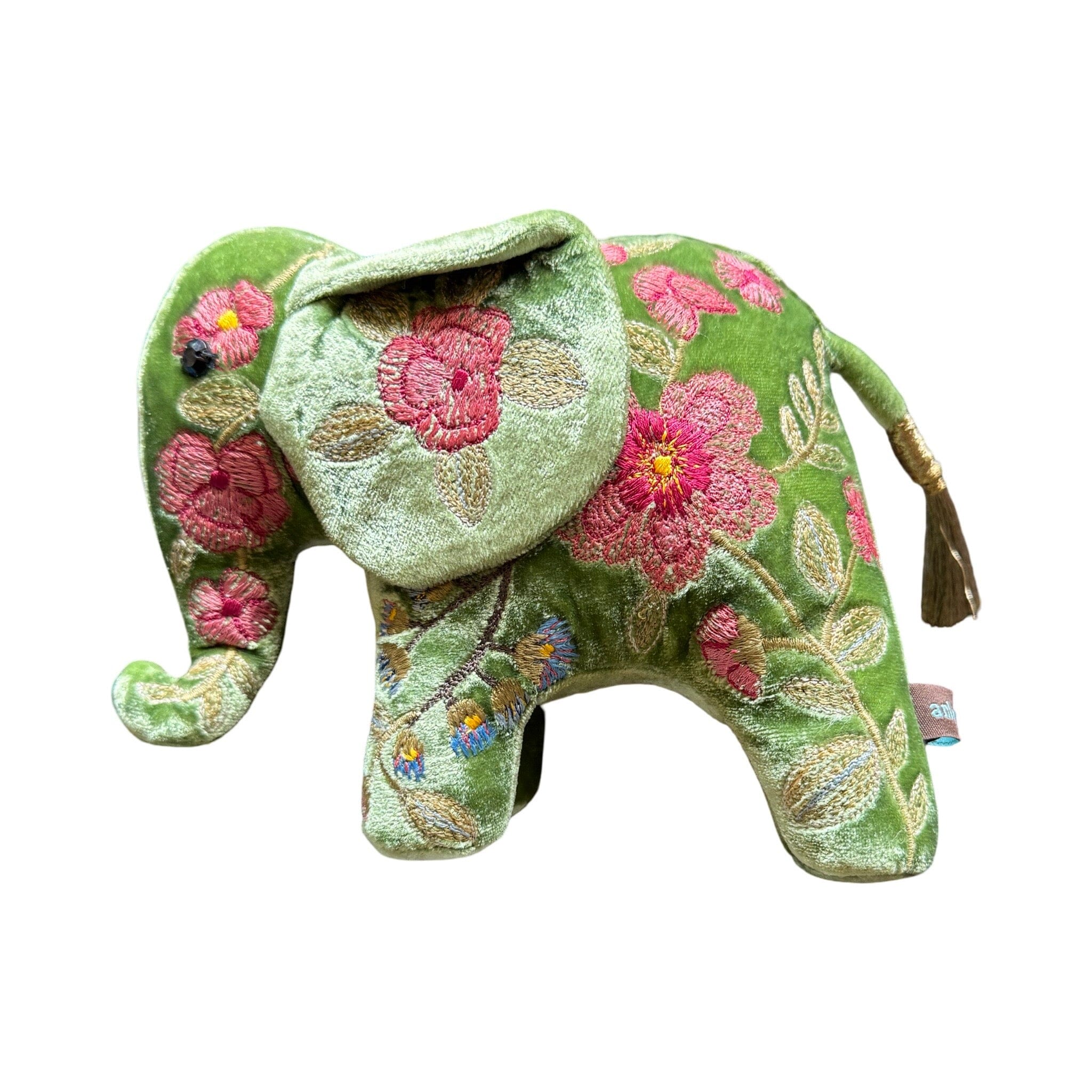 Hand Embroidered Silk Velvet Mini Elephants Objet d'Art Anke Drechsel MEGAN Emerald 