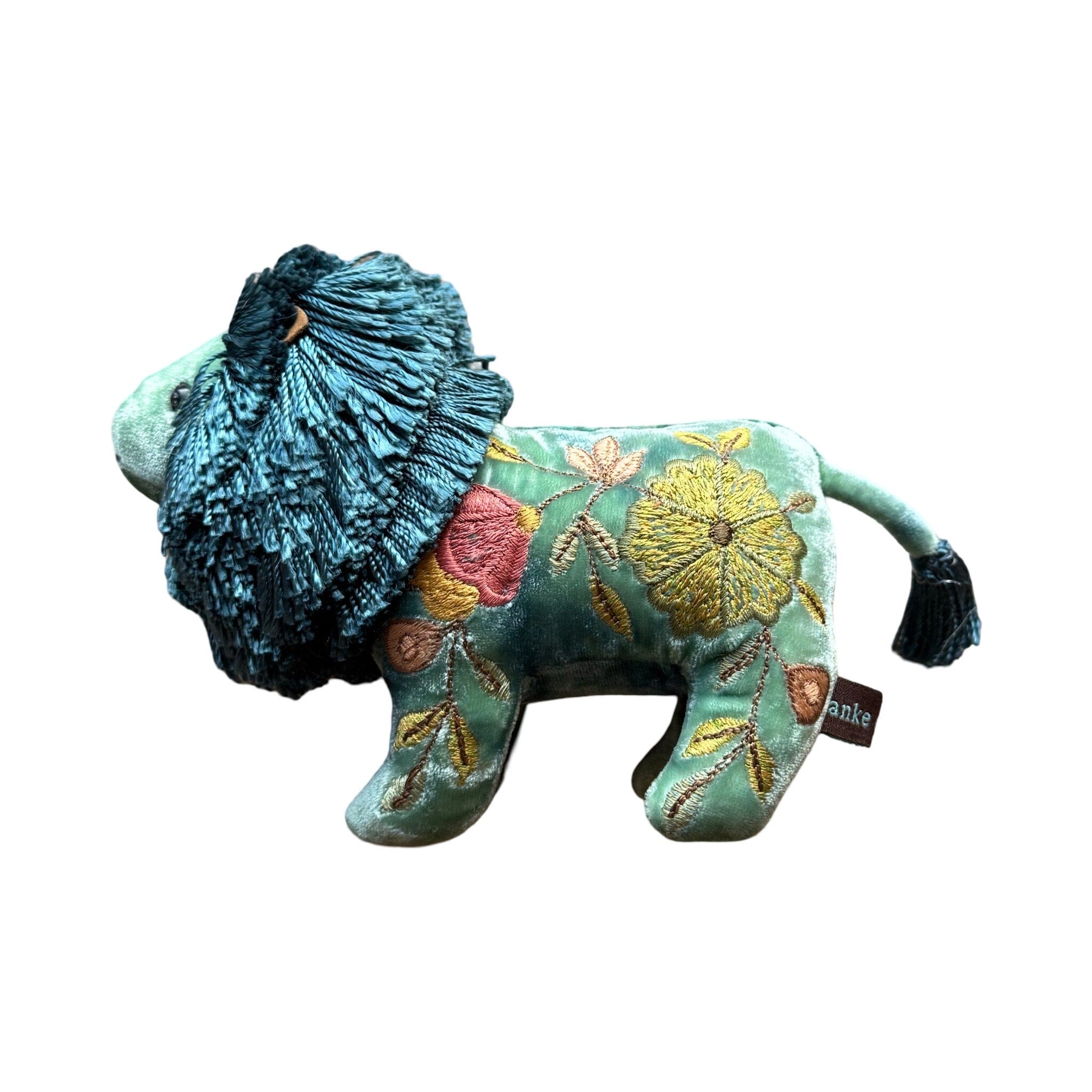 Hand Embroidered Silk Velvet Mini Lion Objet d'Art Anke Drechsel ABBY Shaded Lagoon 